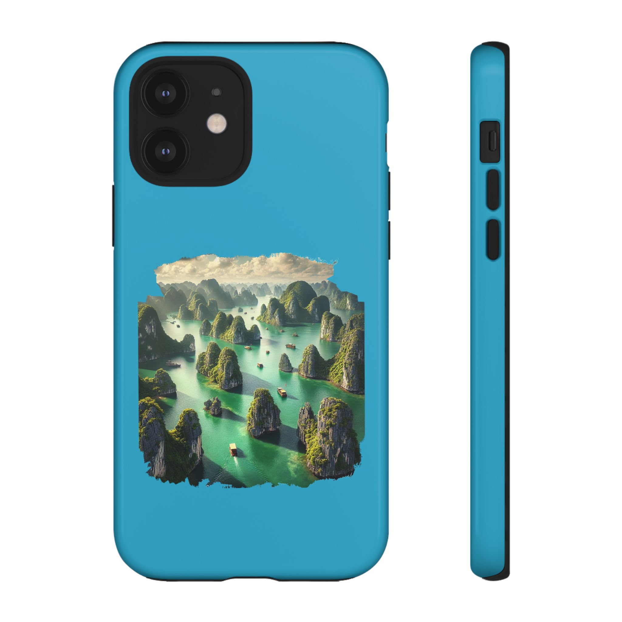 Phone case featuring a landscape design with green islands and blue water.