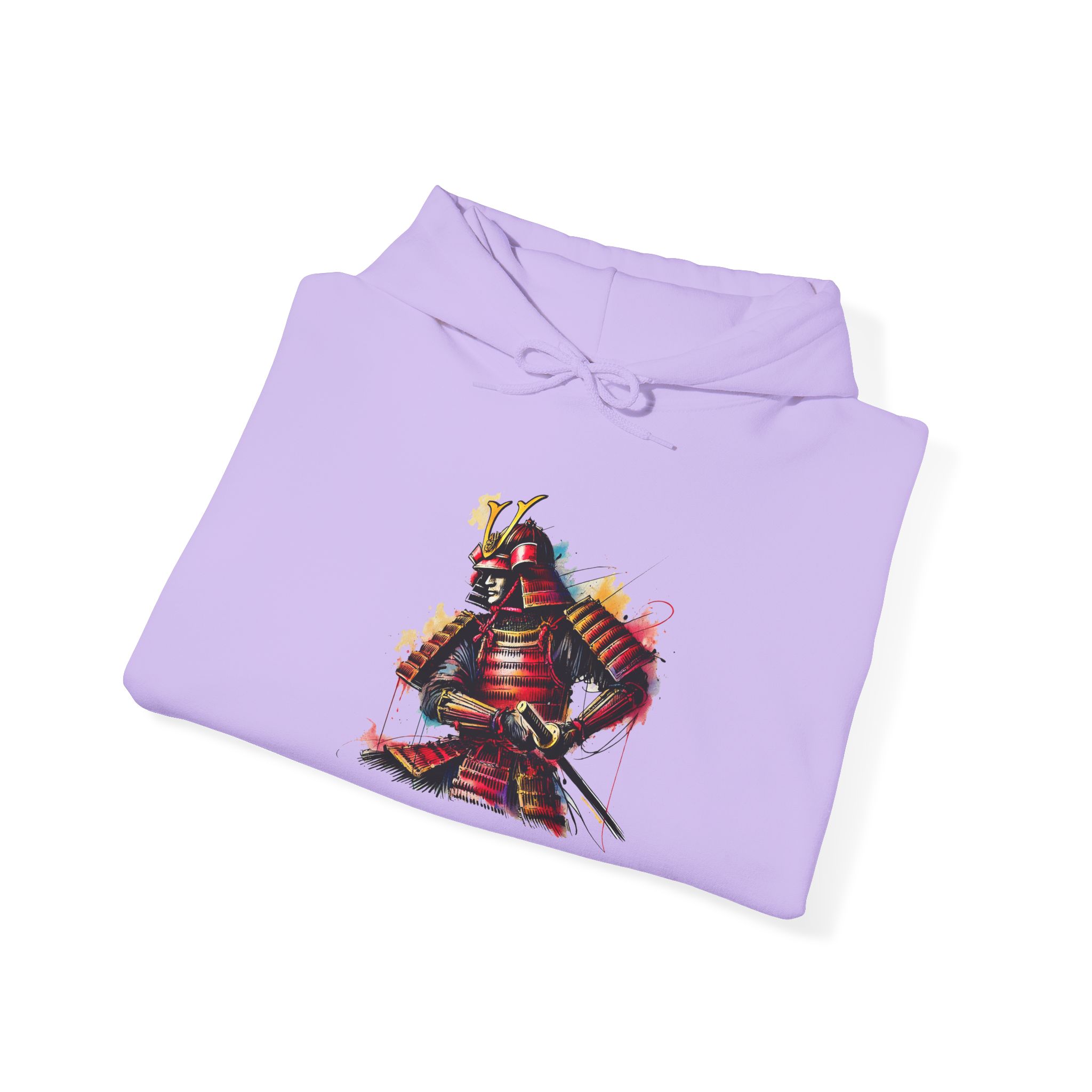 Purple hoodie featuring a colorful samurai graphic with a sword and intricate details.