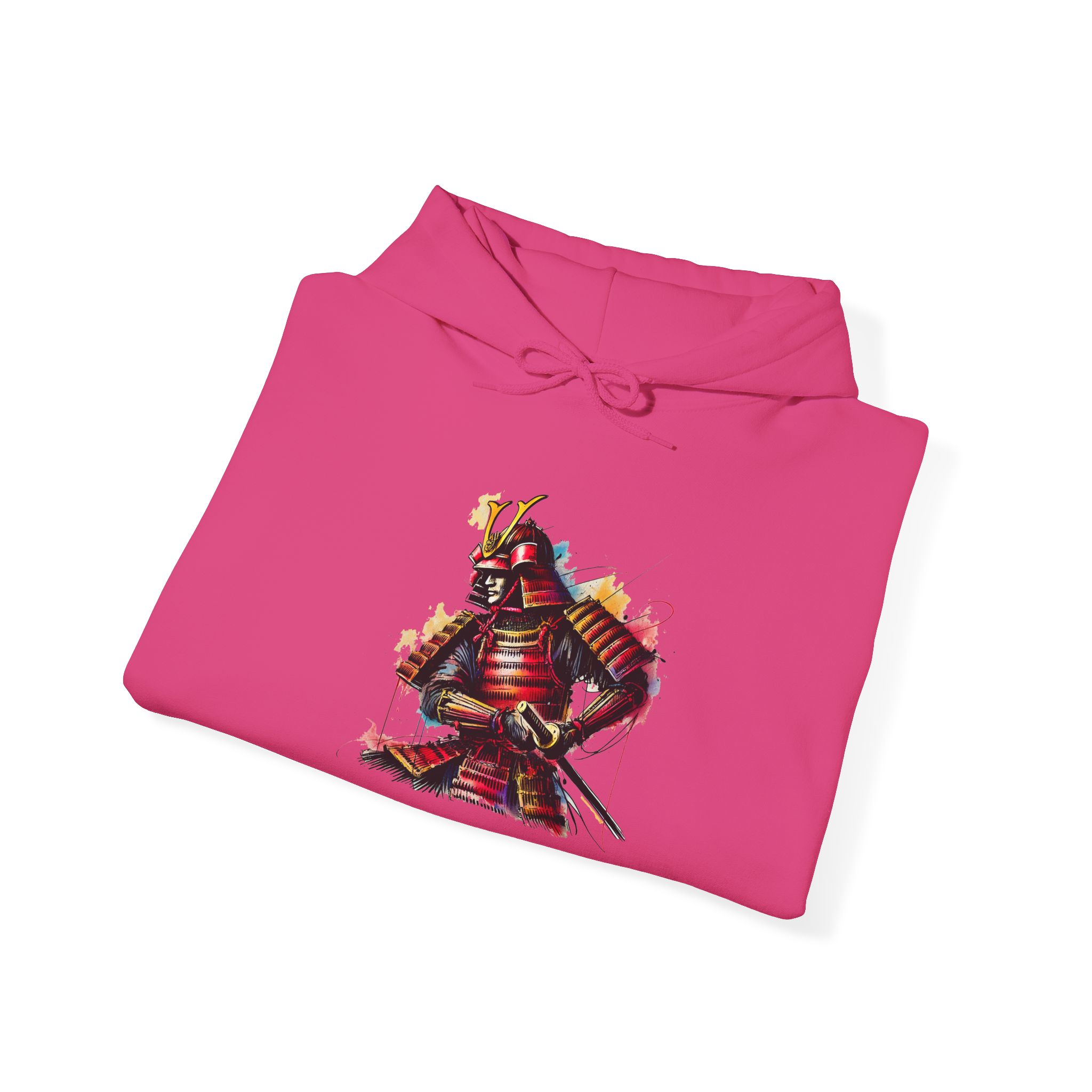 Pink hoodie featuring a graphic design of a samurai in traditional armor with a sword.