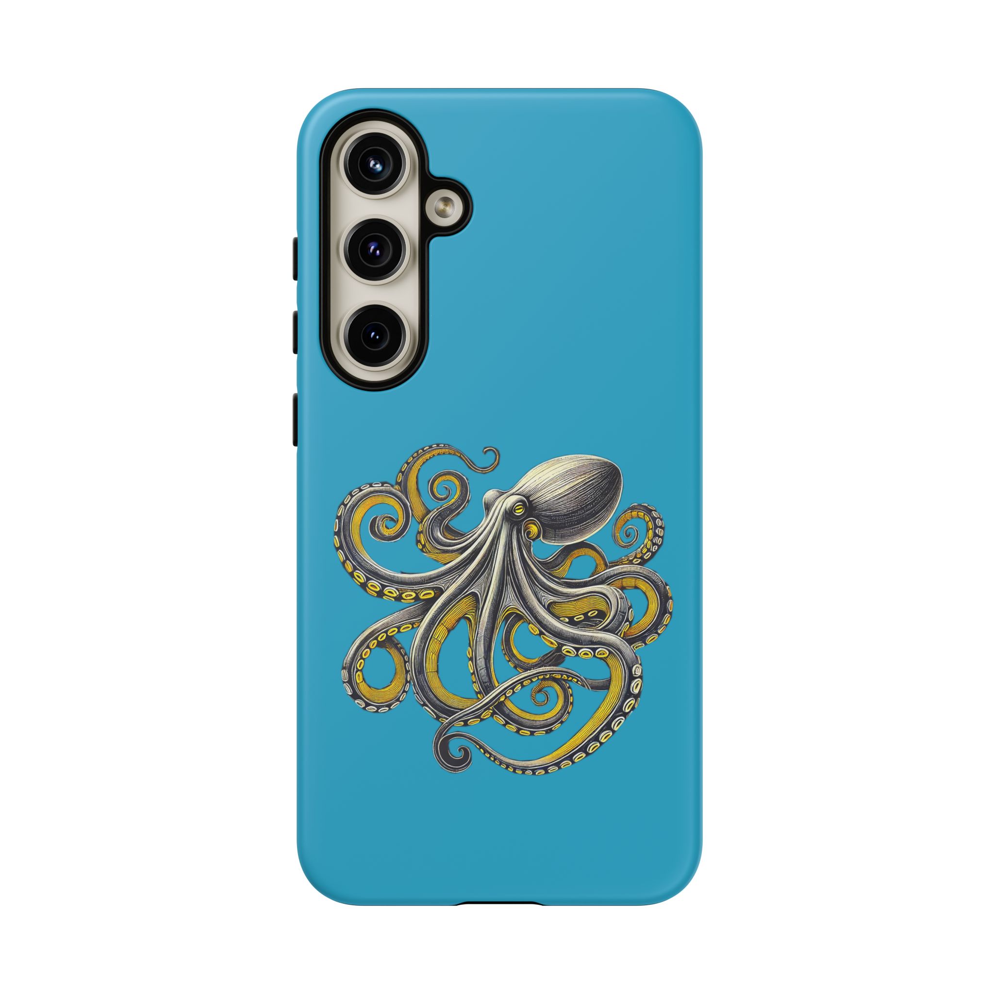 Phone case with a detailed illustration of an octopus on a blue background.