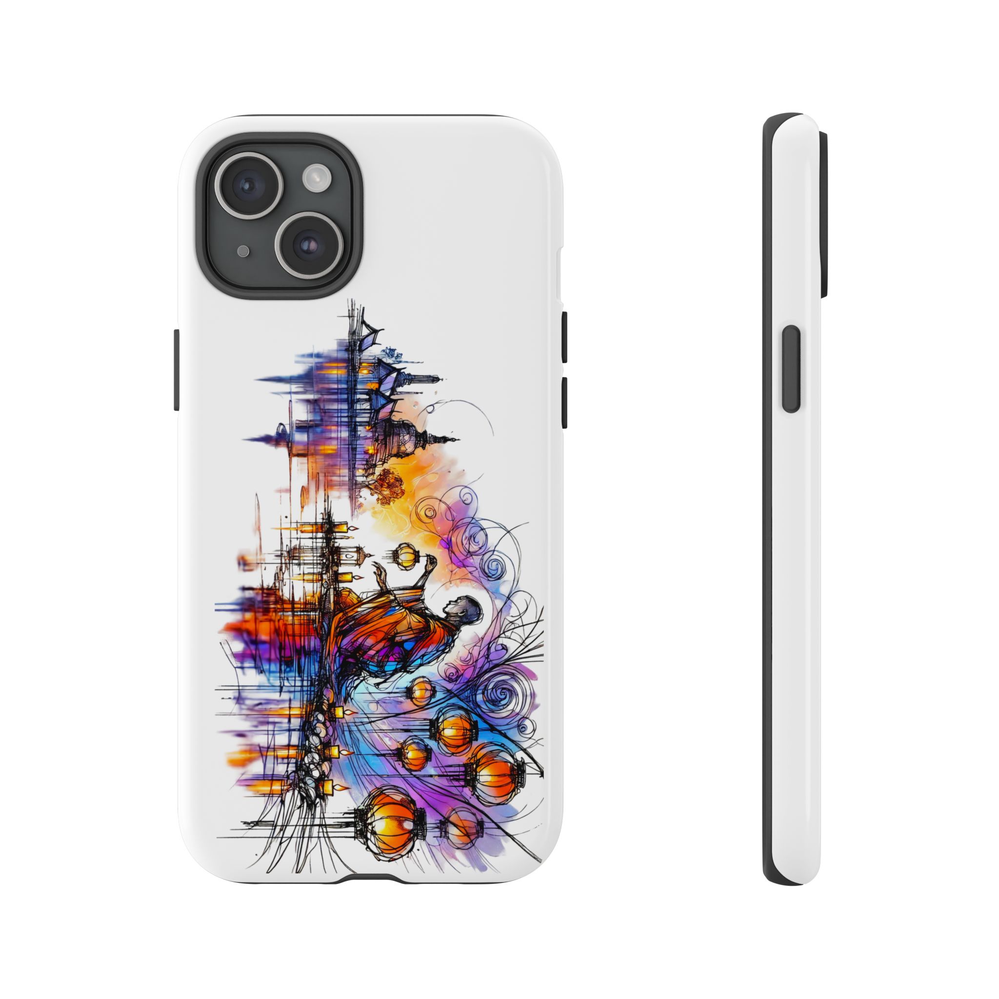Colorful artistic design featuring abstract shapes and figures on a white phone case.
