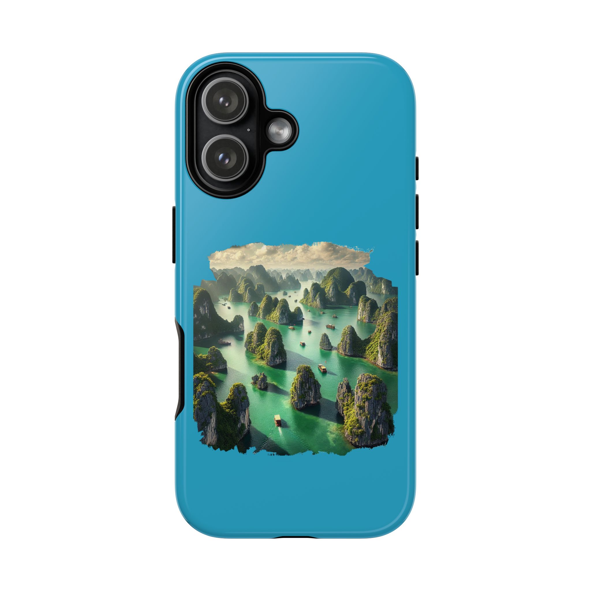 Phone case featuring a scenic landscape of green islands and boats in a blue water setting.