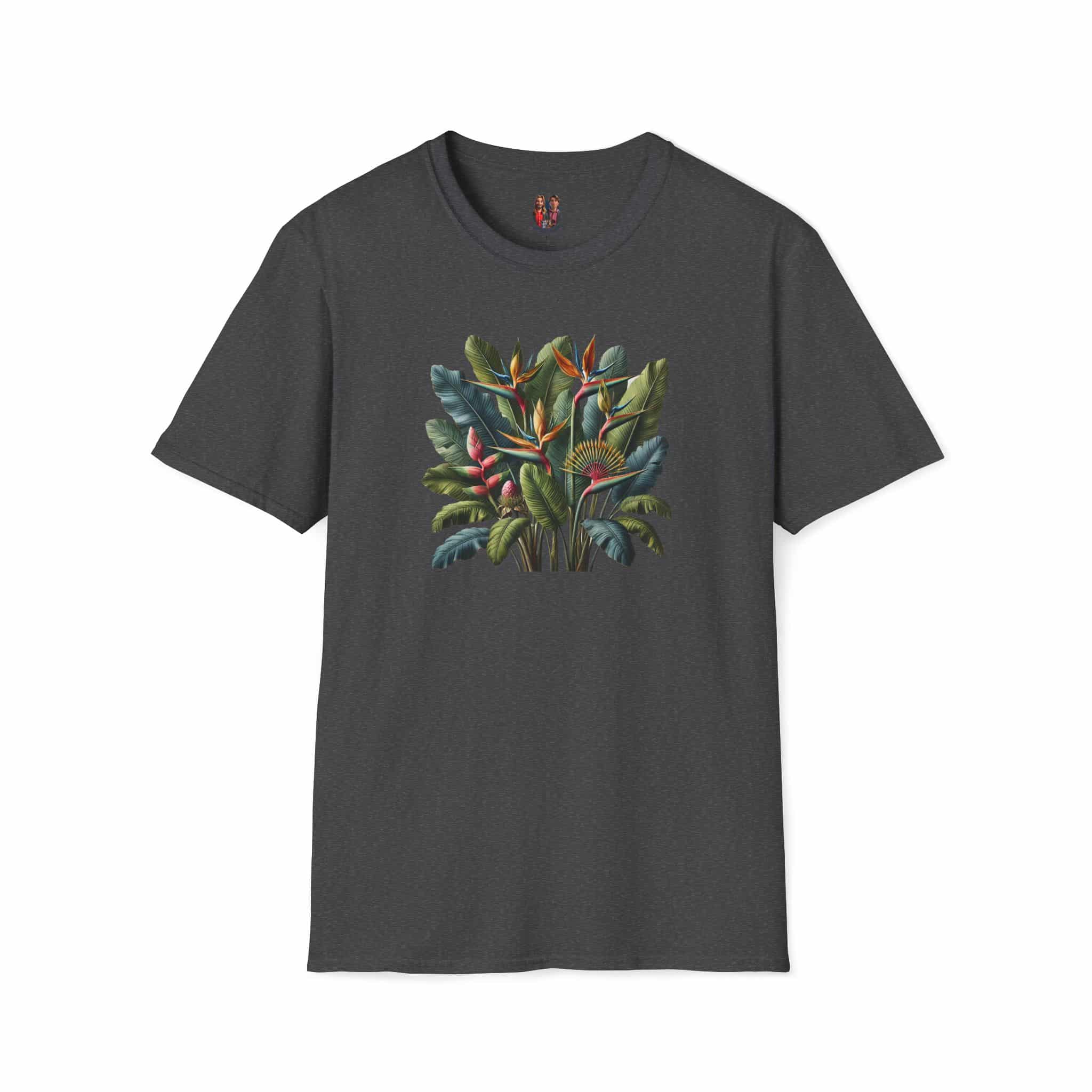 Dark gray t-shirt featuring a colorful tropical plant graphic on the front.