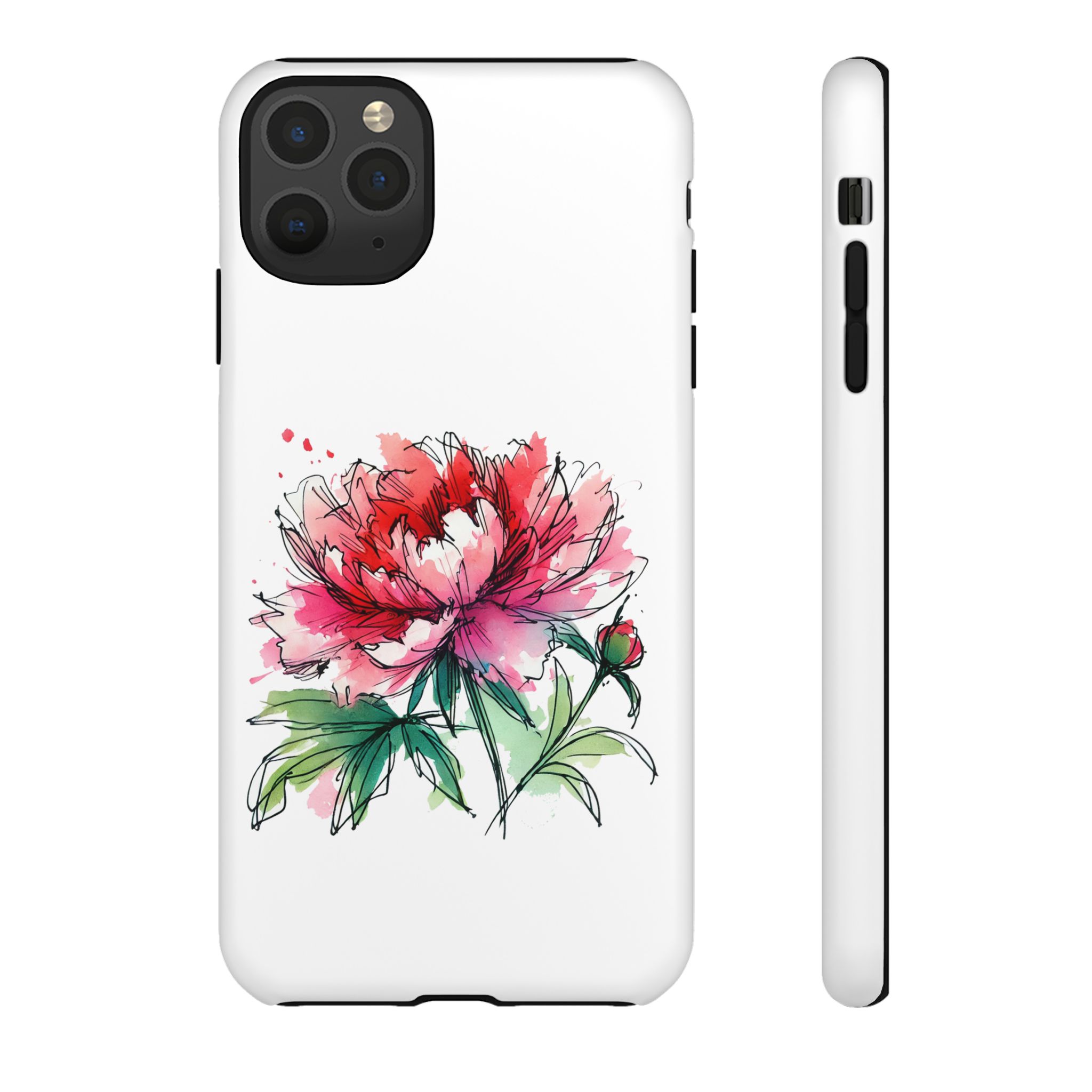 Illustration of a peony flower on a white phone case with a colorful design.