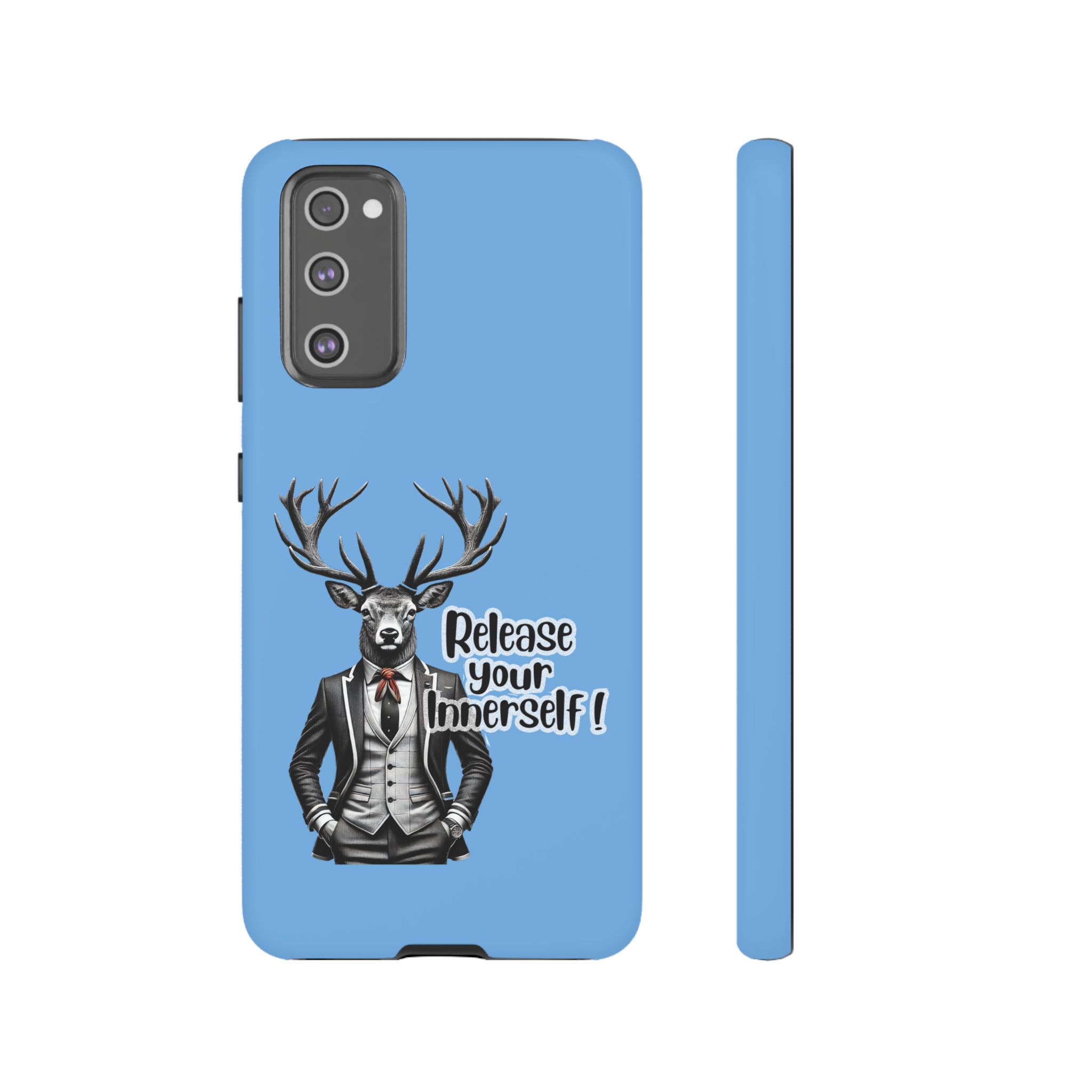 Blue phone case featuring a deer in a suit with the text 'Release your innerself!'