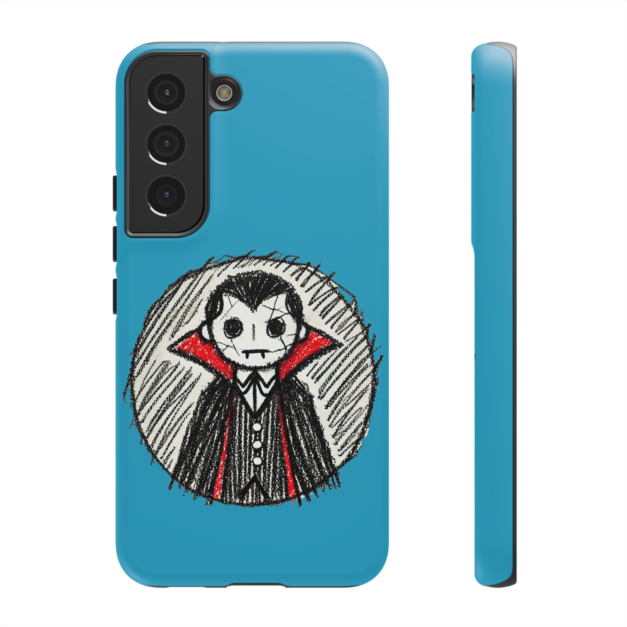 Phone case design featuring a vampire character with a blue background and sketch-like details.