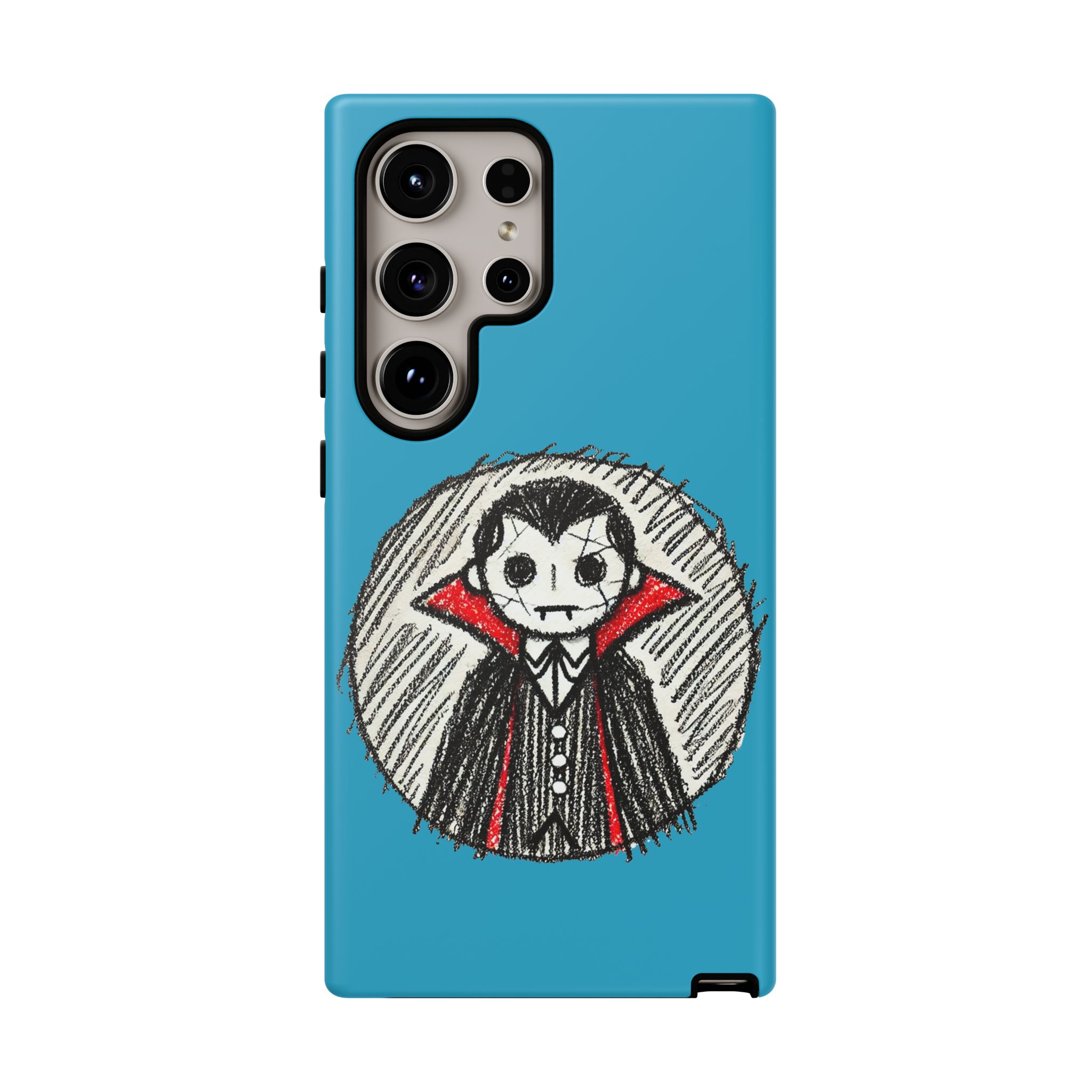 Phone case featuring a hand-drawn illustration of a Dracula character in a blue background.