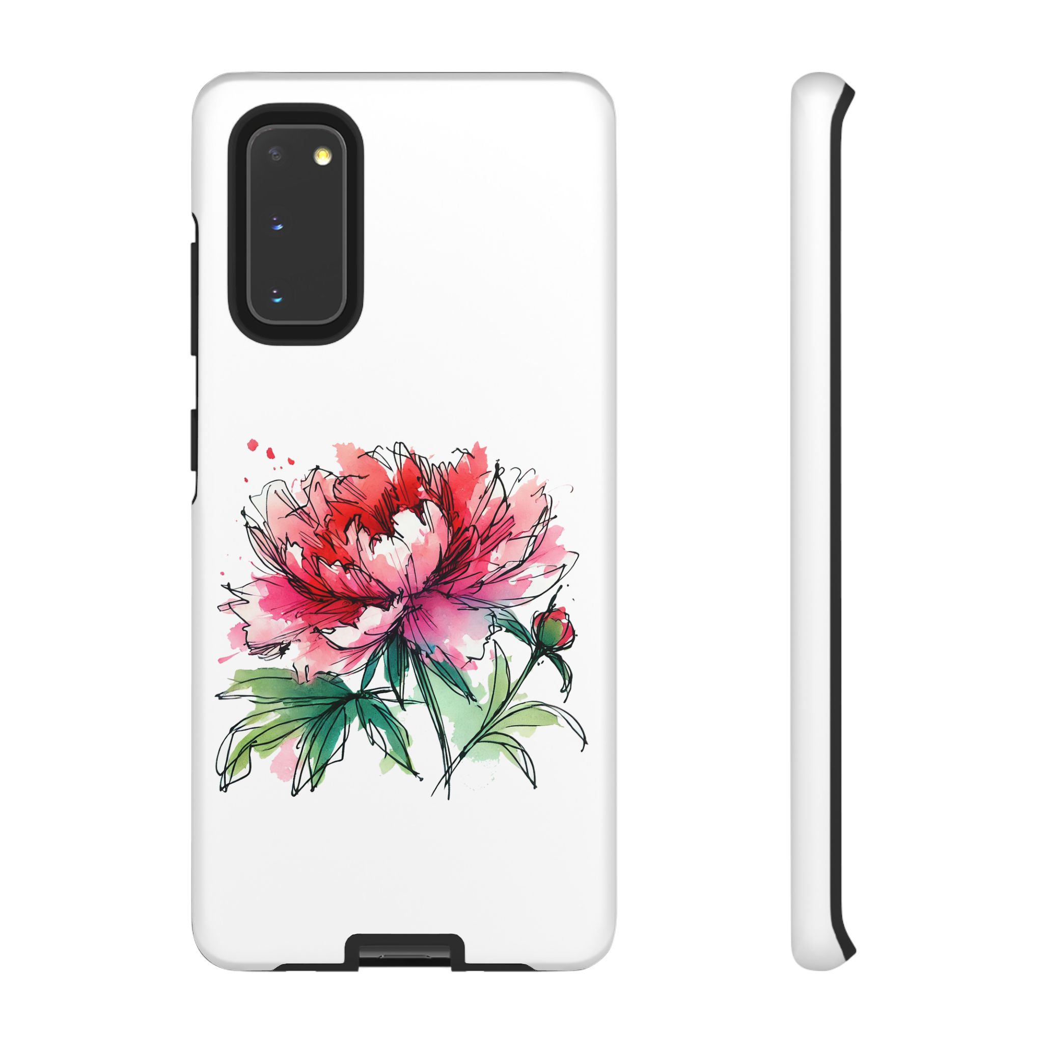 Phone case design featuring a colorful peony flower illustration on a white background.