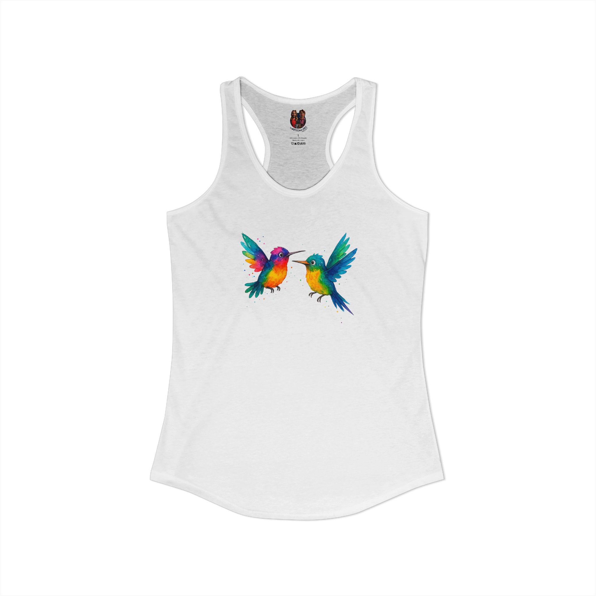 White tank top featuring a colorful graphic of two hummingbirds in vibrant colors.