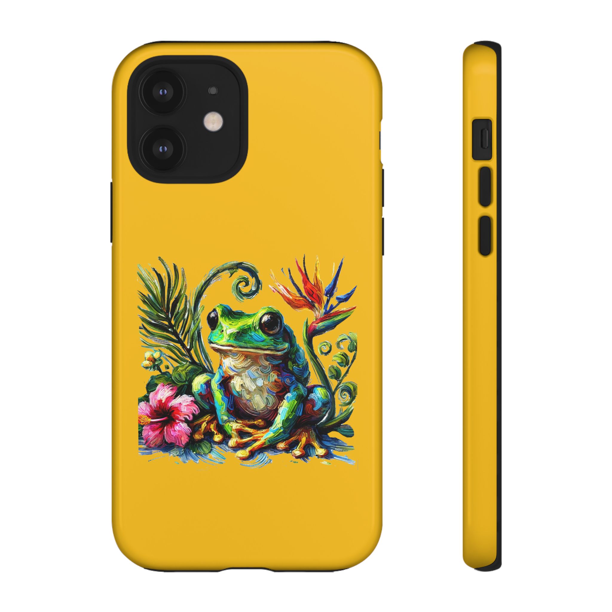 Vibrant yellow phone case featuring a colorful frog design with flowers and leaves.