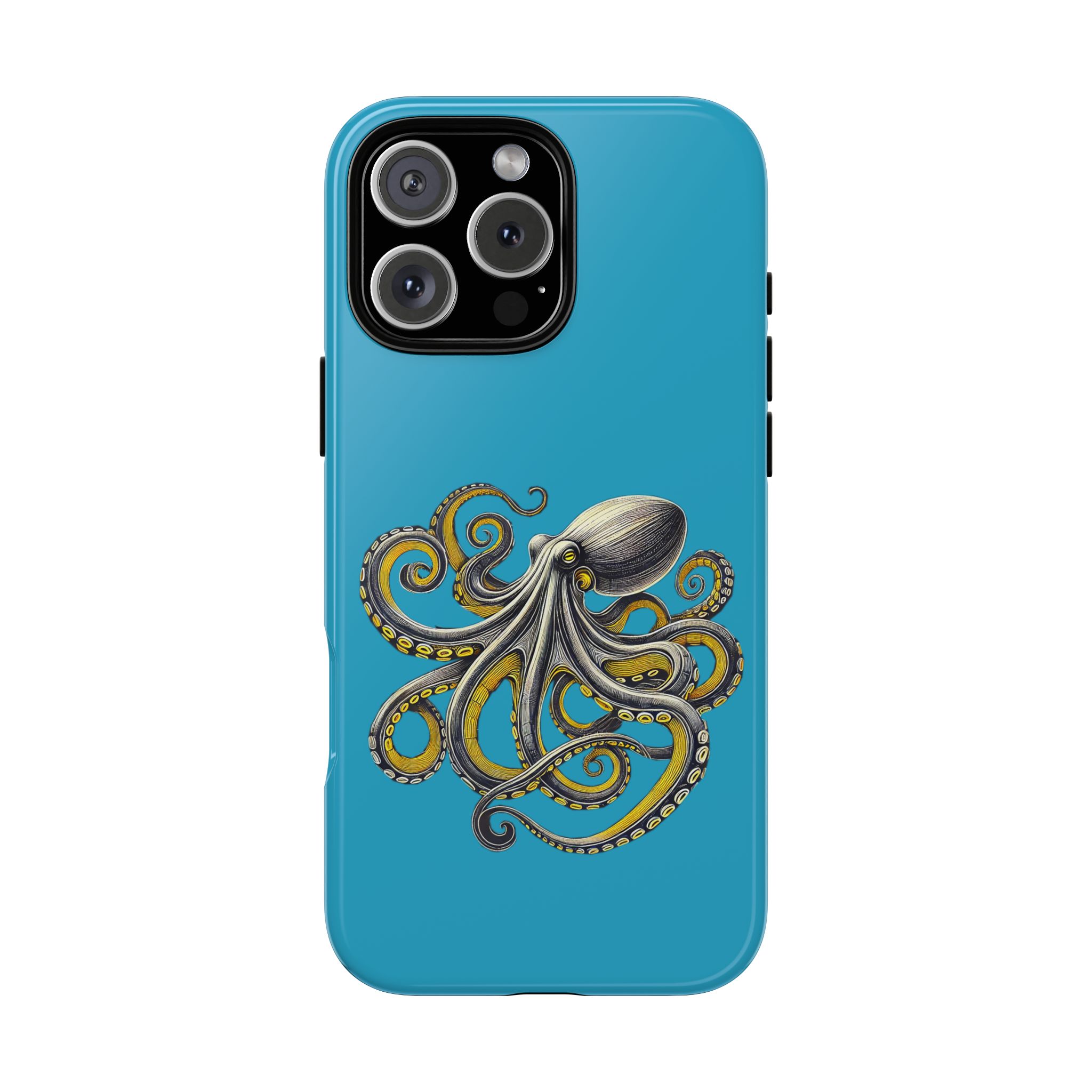 Phone case with a detailed illustration of an octopus on a blue background.