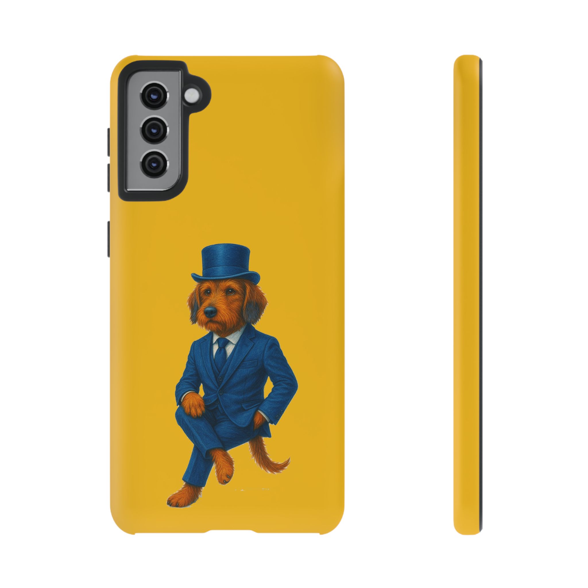 Phone case featuring a dog wearing a blue suit and top hat against a yellow background.