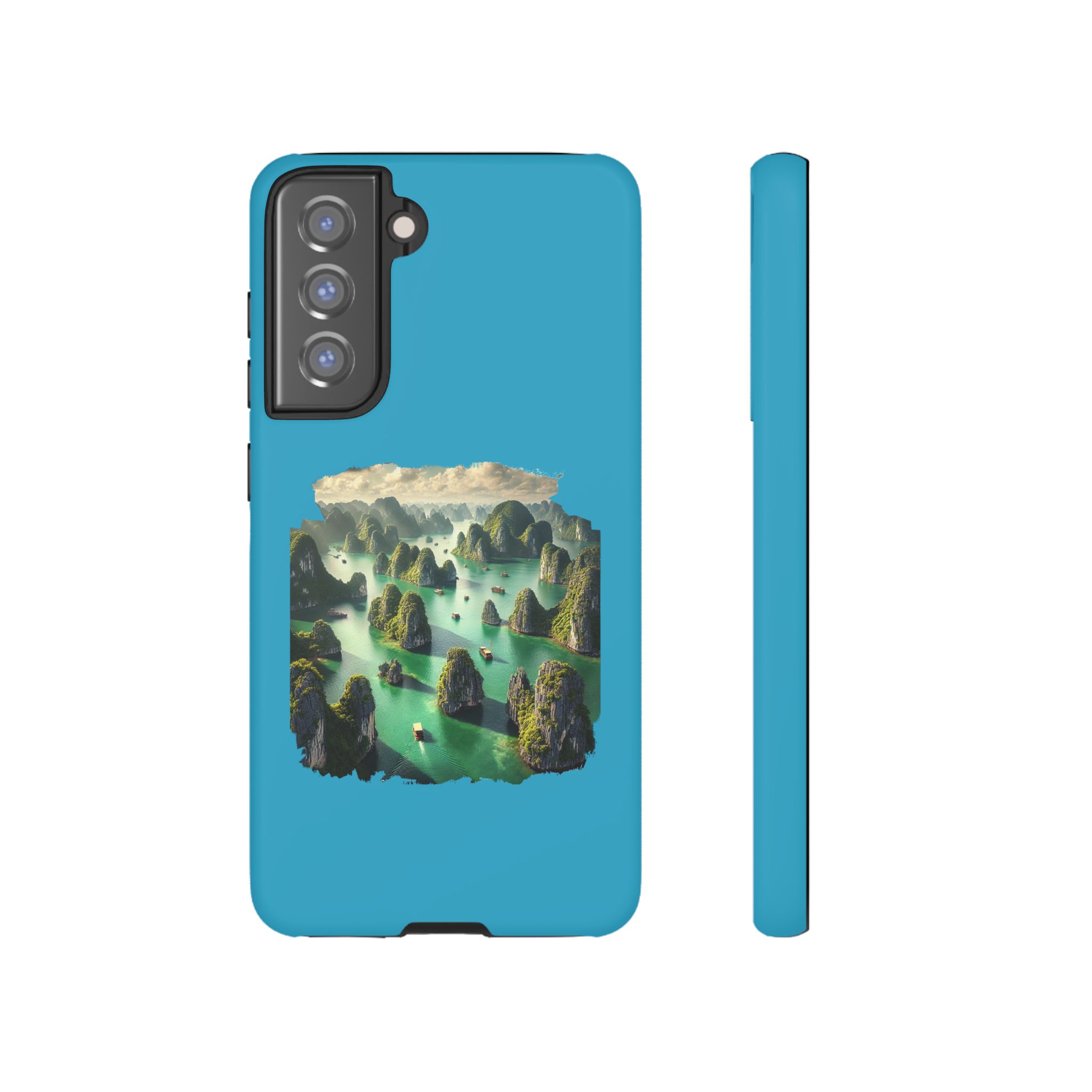 Blue phone case featuring a scenic landscape design with mountains and water.