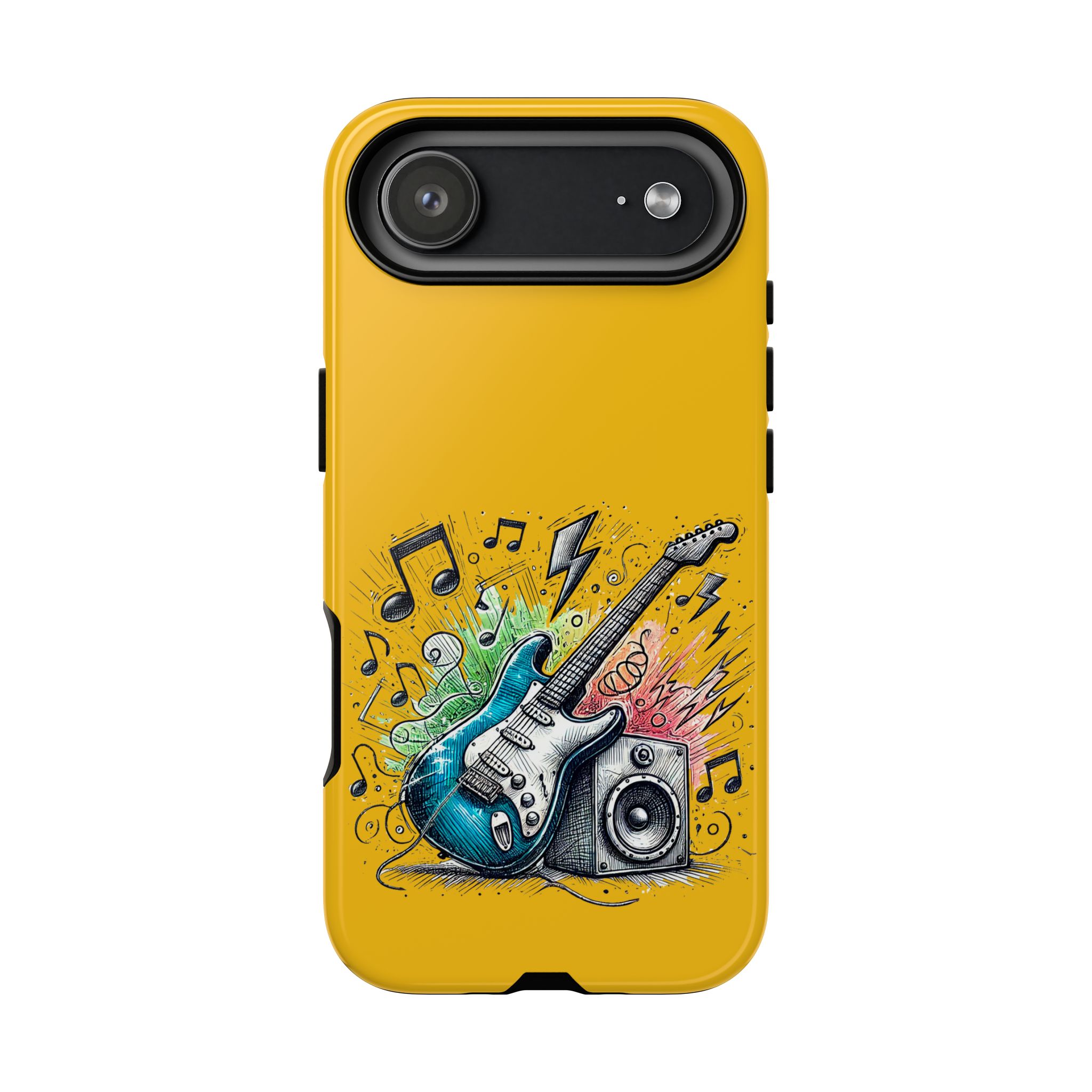 Yellow phone case featuring a blue electric guitar and a speaker with music notes and colorful elements.