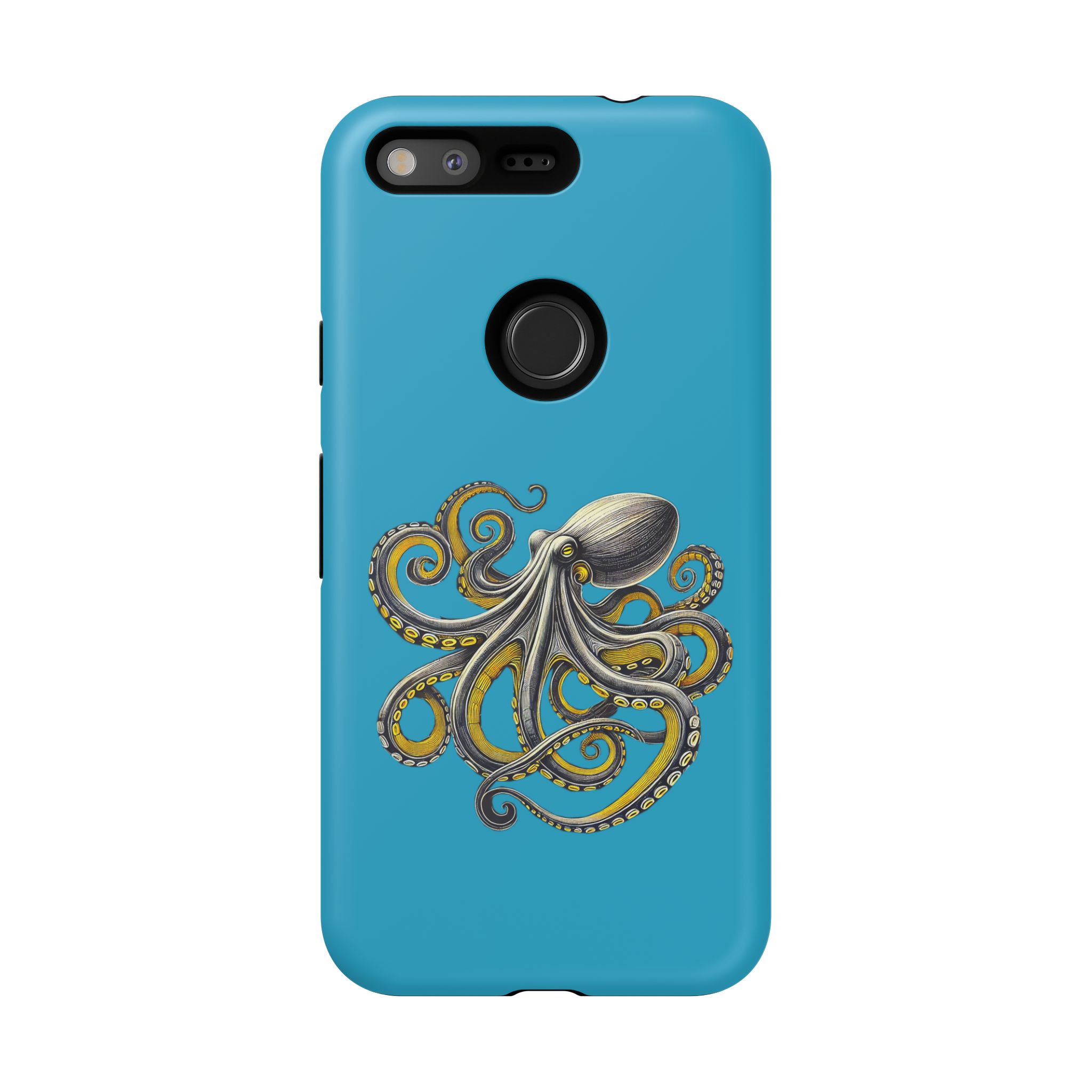Illustration of an octopus with detailed tentacles on a blue phone case.