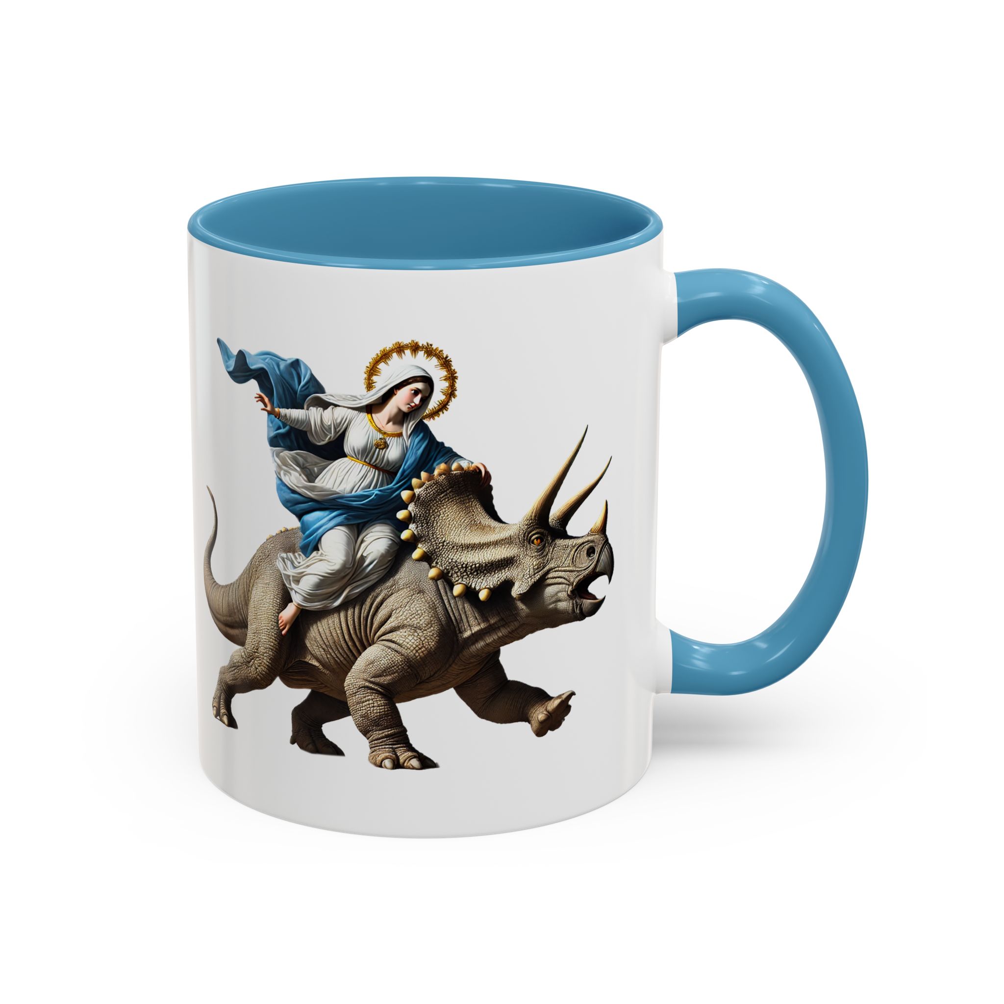 Sarcastic Coffee mug jurassic Virgin mary riding triceratops funny office mug boho gift tea cup cute accessory