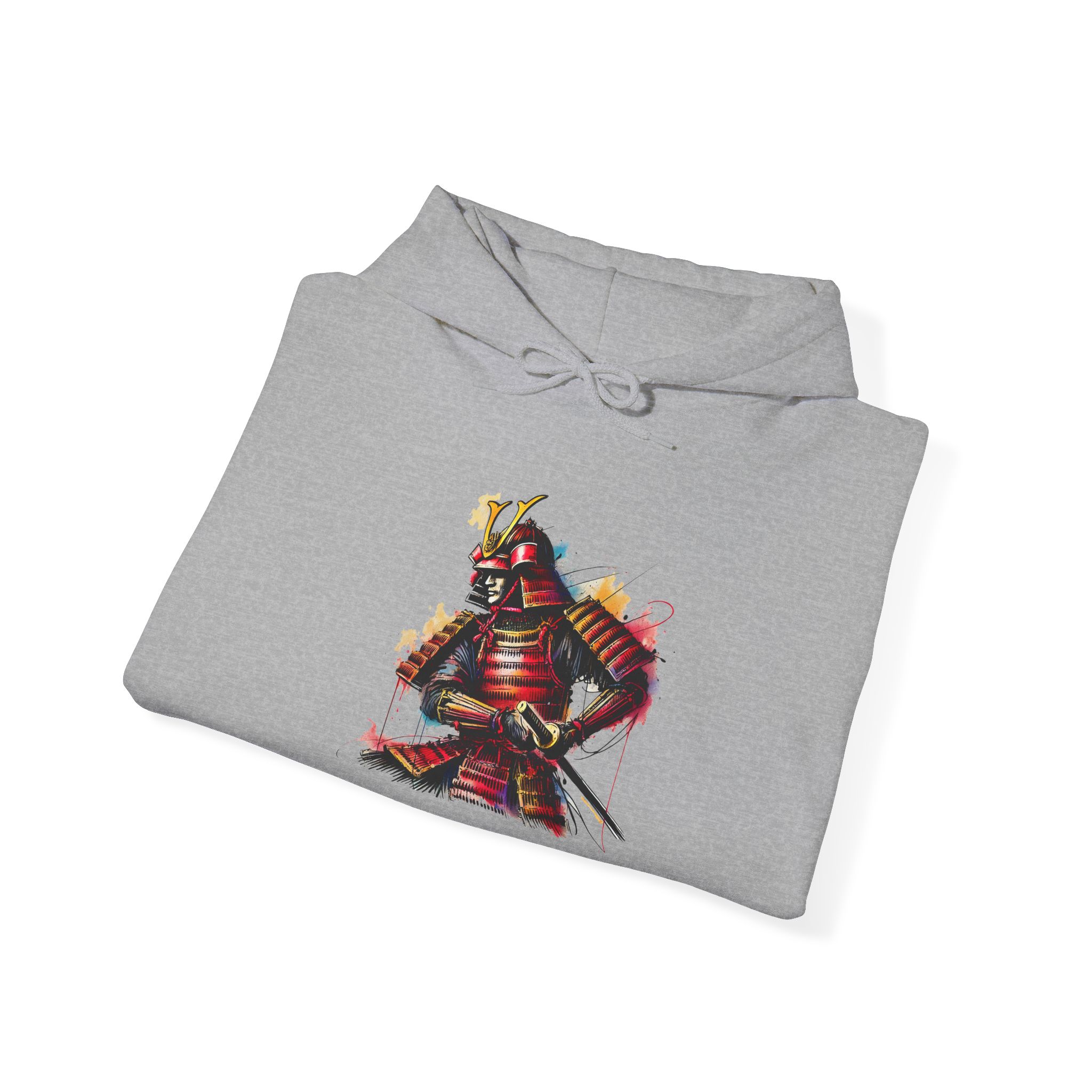 Gray hoodie featuring a colorful samurai graphic on the front.