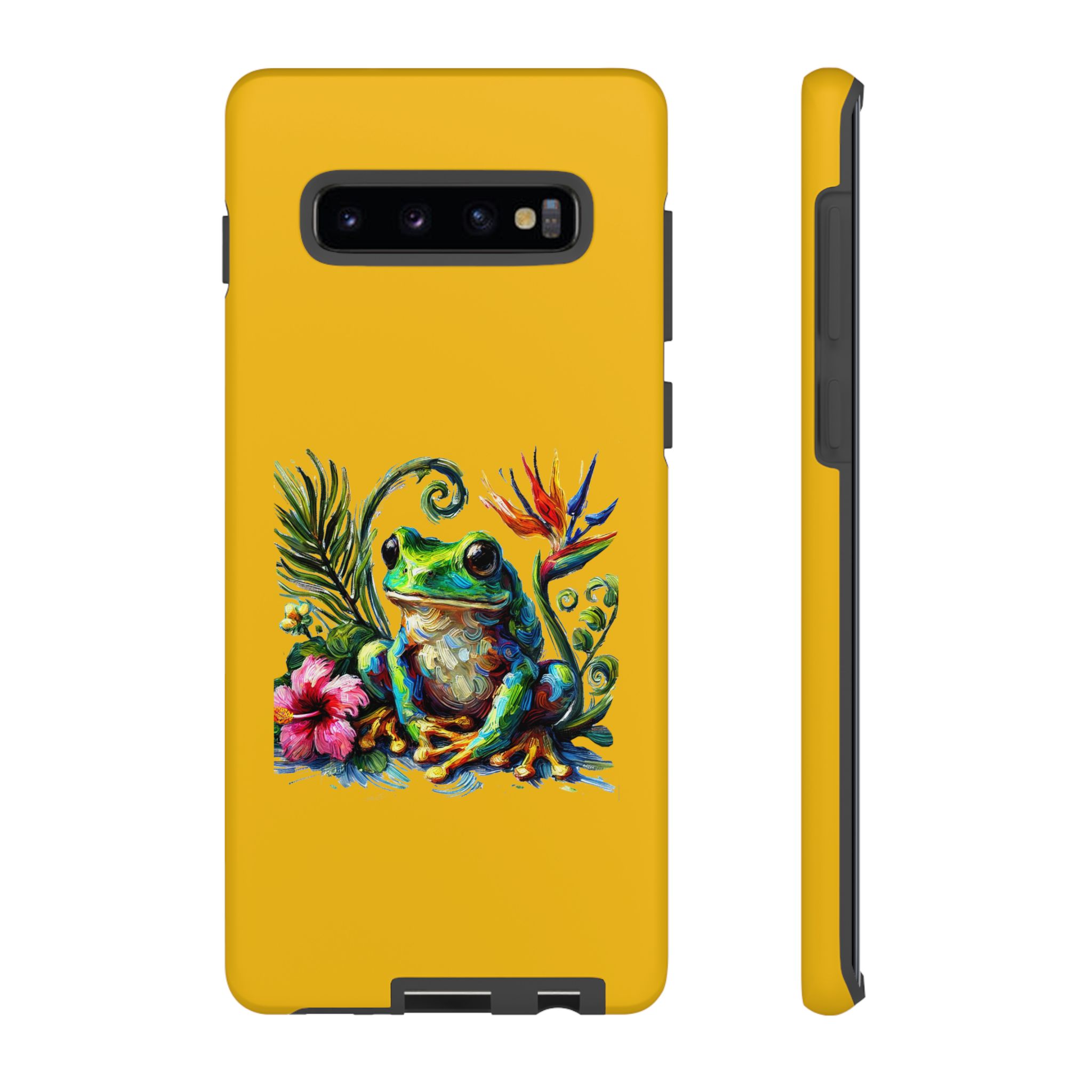 A vibrant yellow phone case featuring a colorful frog design with tropical flowers and leaves.