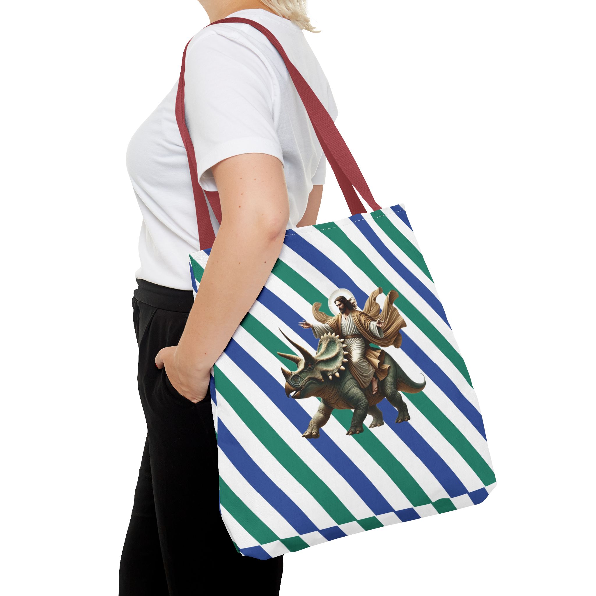 Fun canvas tote bag jurassic boho tote bag Jesus riding triceratops shoulder bag satiric purse religious design sarcastic cute tote bag – Image 12