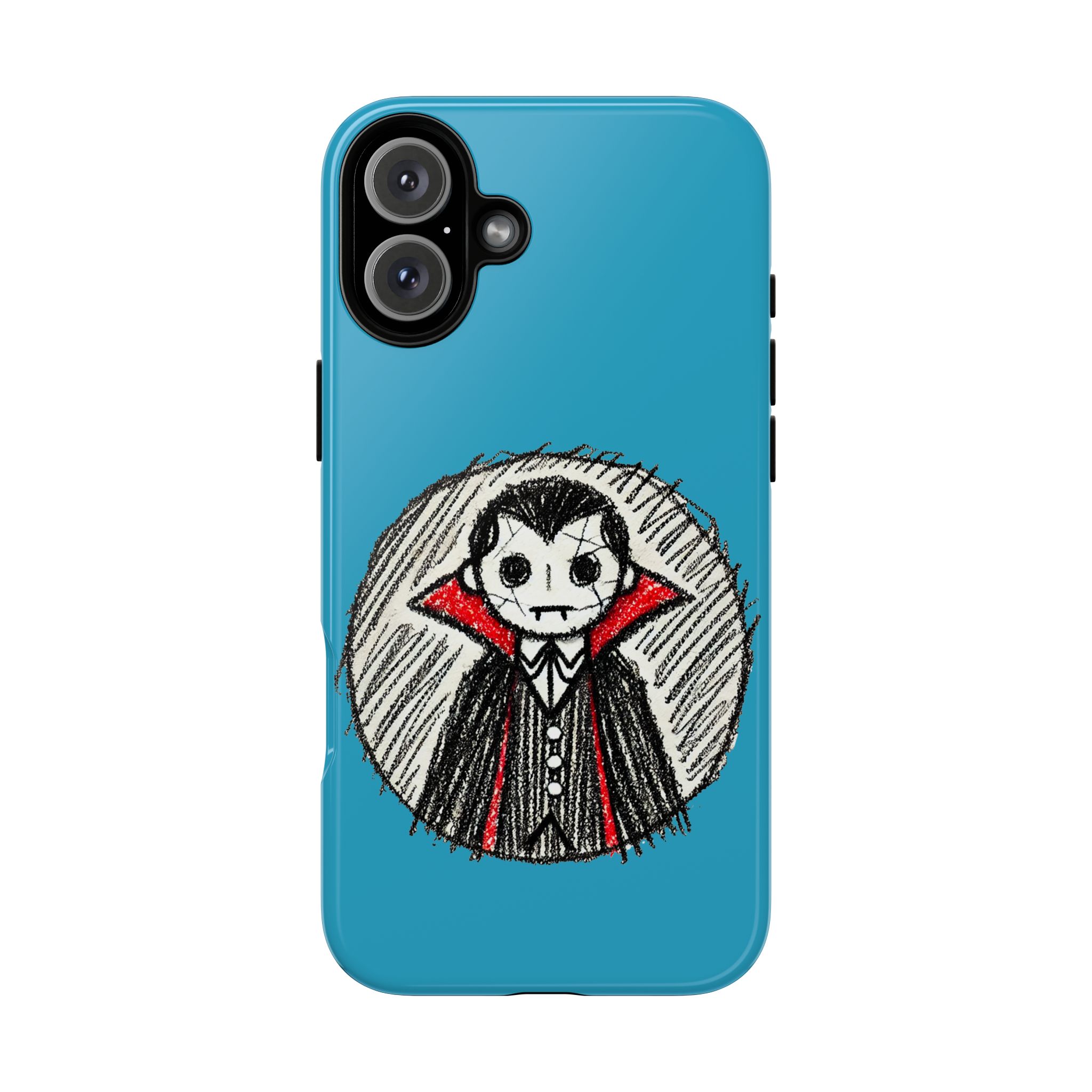 Phone case featuring a cartoon vampire character with a blue background and red accents.