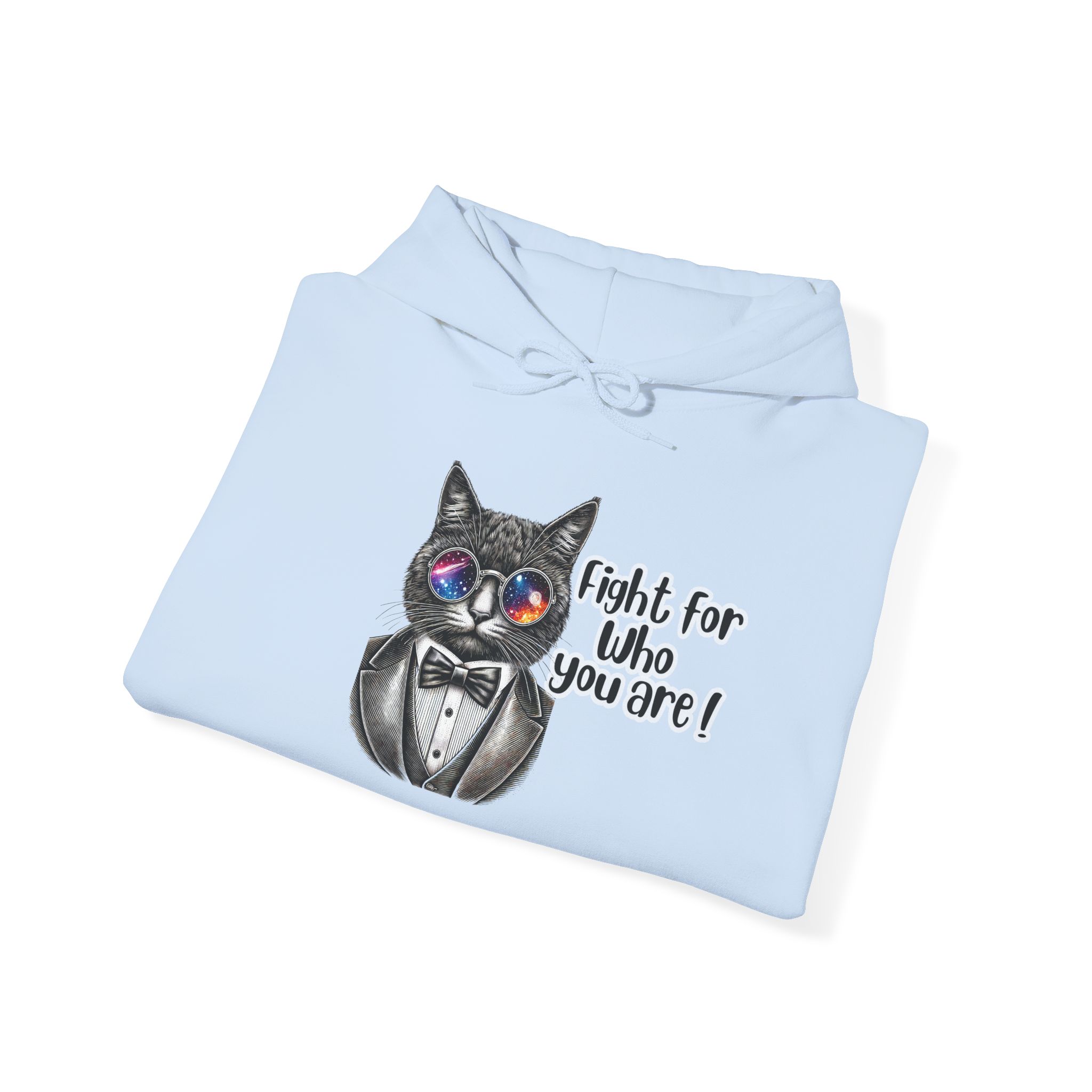 Light blue hoodie featuring a cat in a tuxedo with colorful glasses and the text 'Fight for Who You Are!'