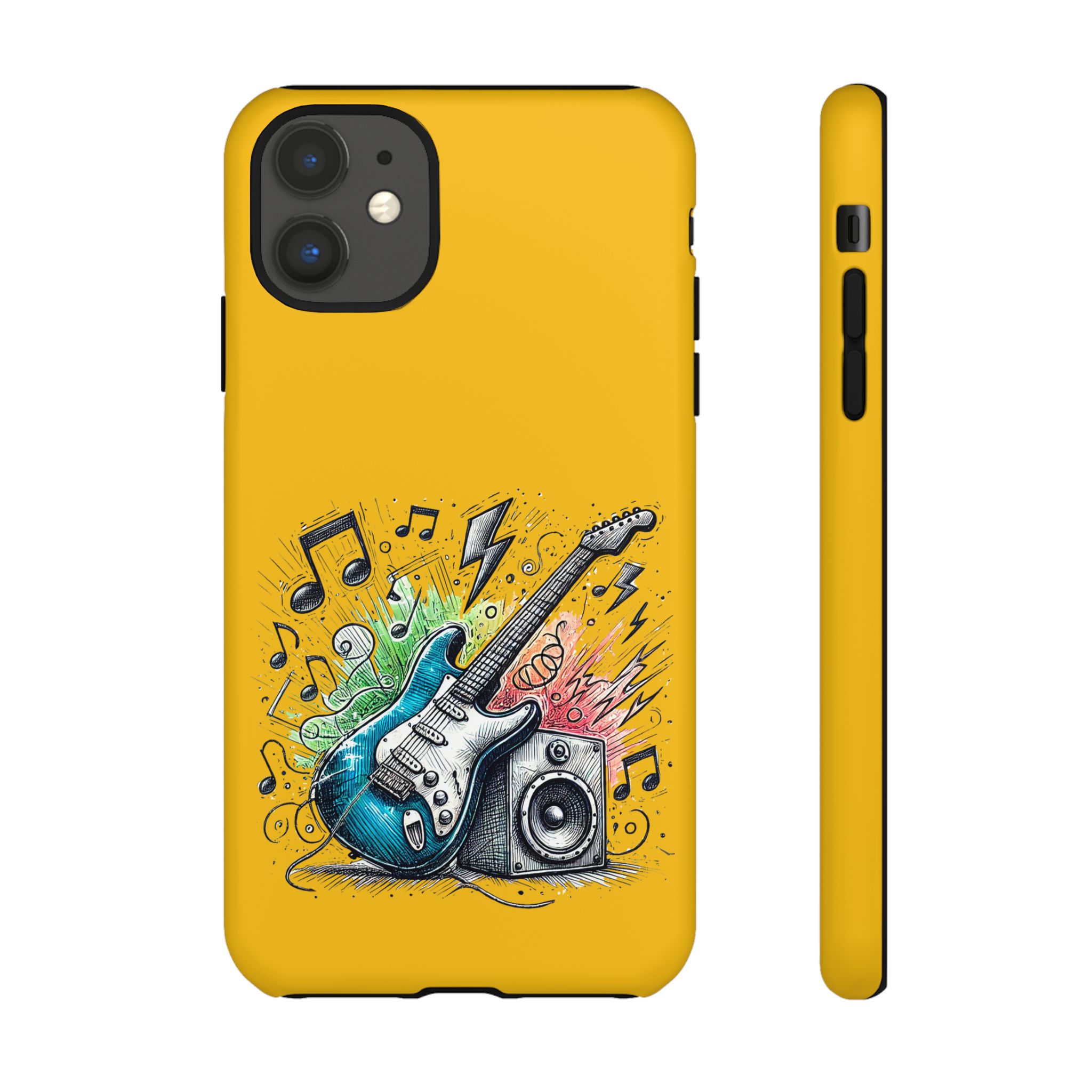 Yellow phone case featuring a graphic of an electric guitar, music notes, and a speaker.