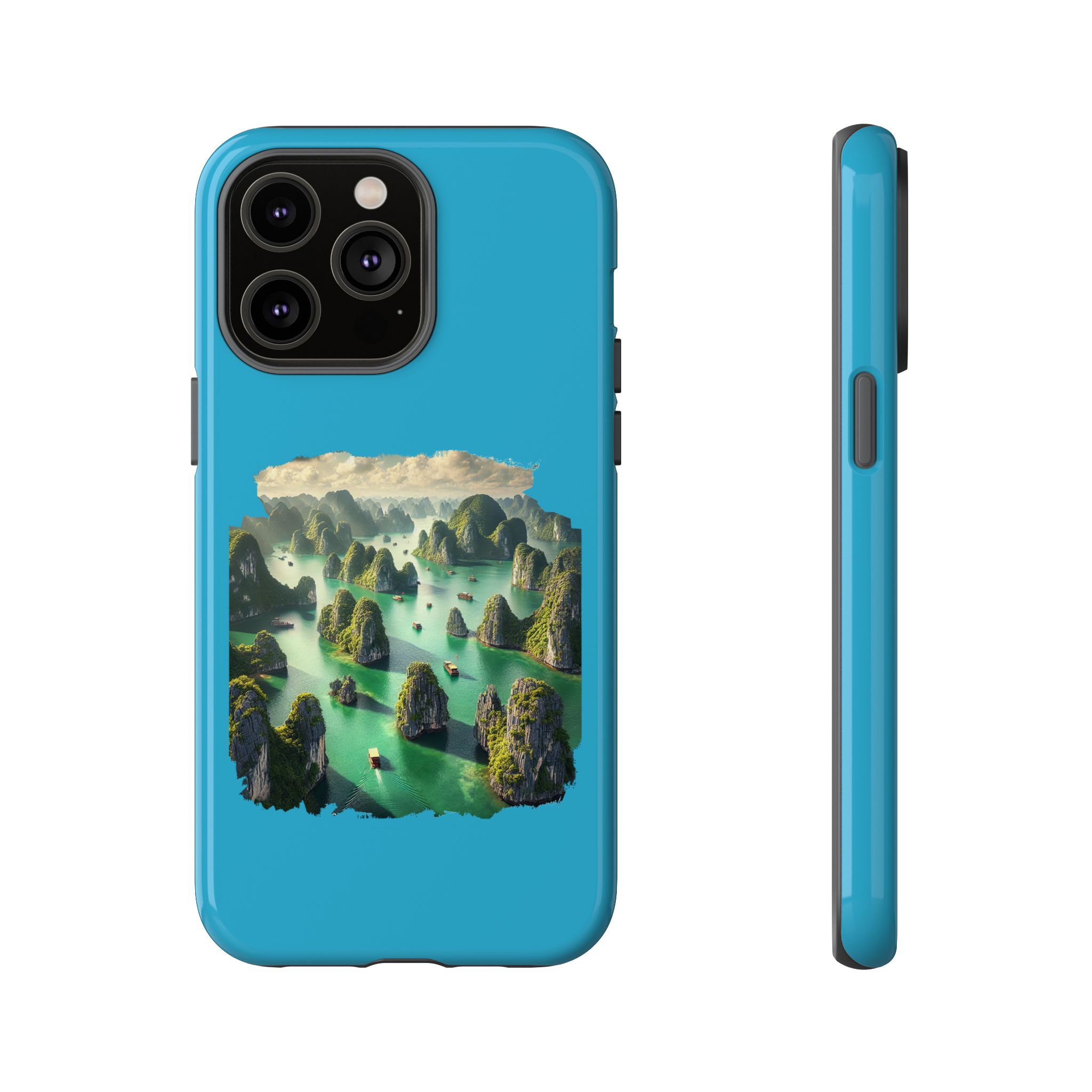 Phone case in blue featuring a landscape design with green islands and water.