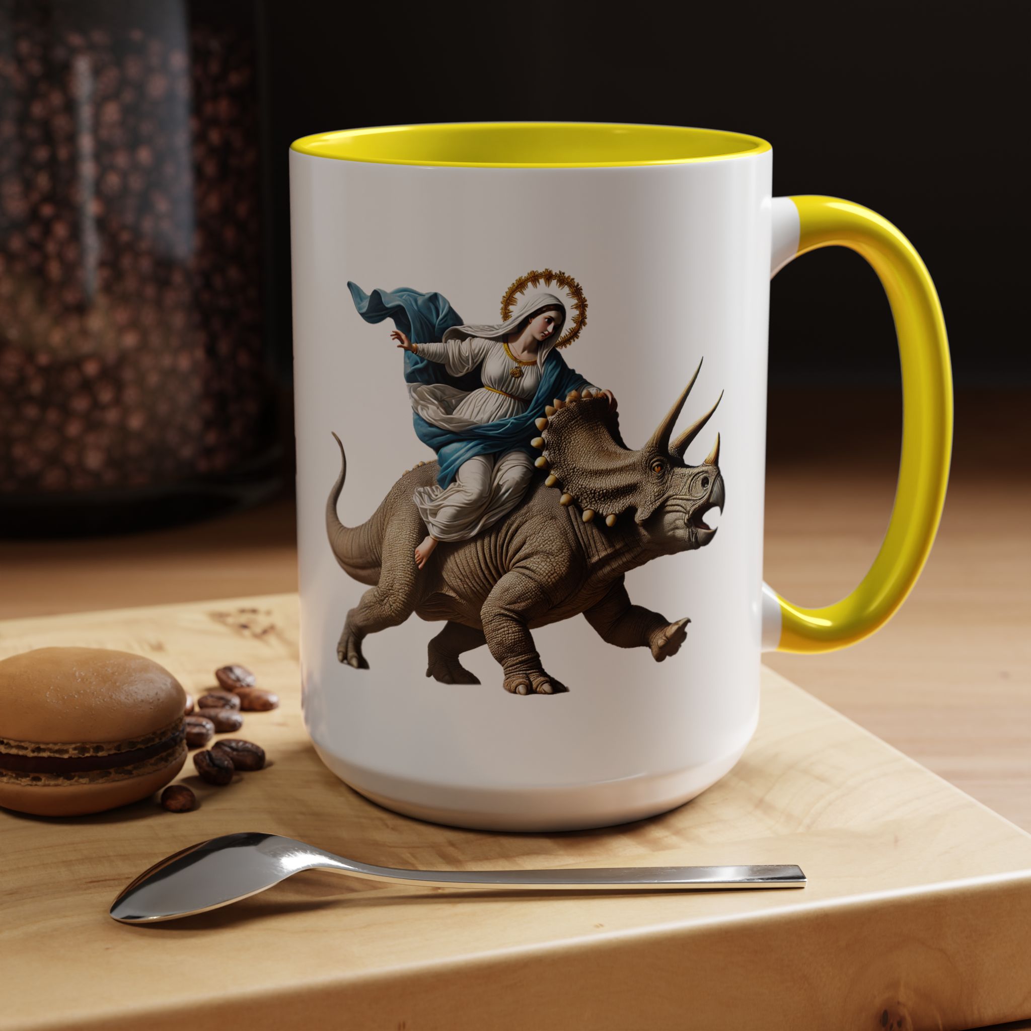 Sarcastic Coffee mug jurassic Virgin mary riding triceratops funny office mug boho gift tea cup cute accessory – Image 63