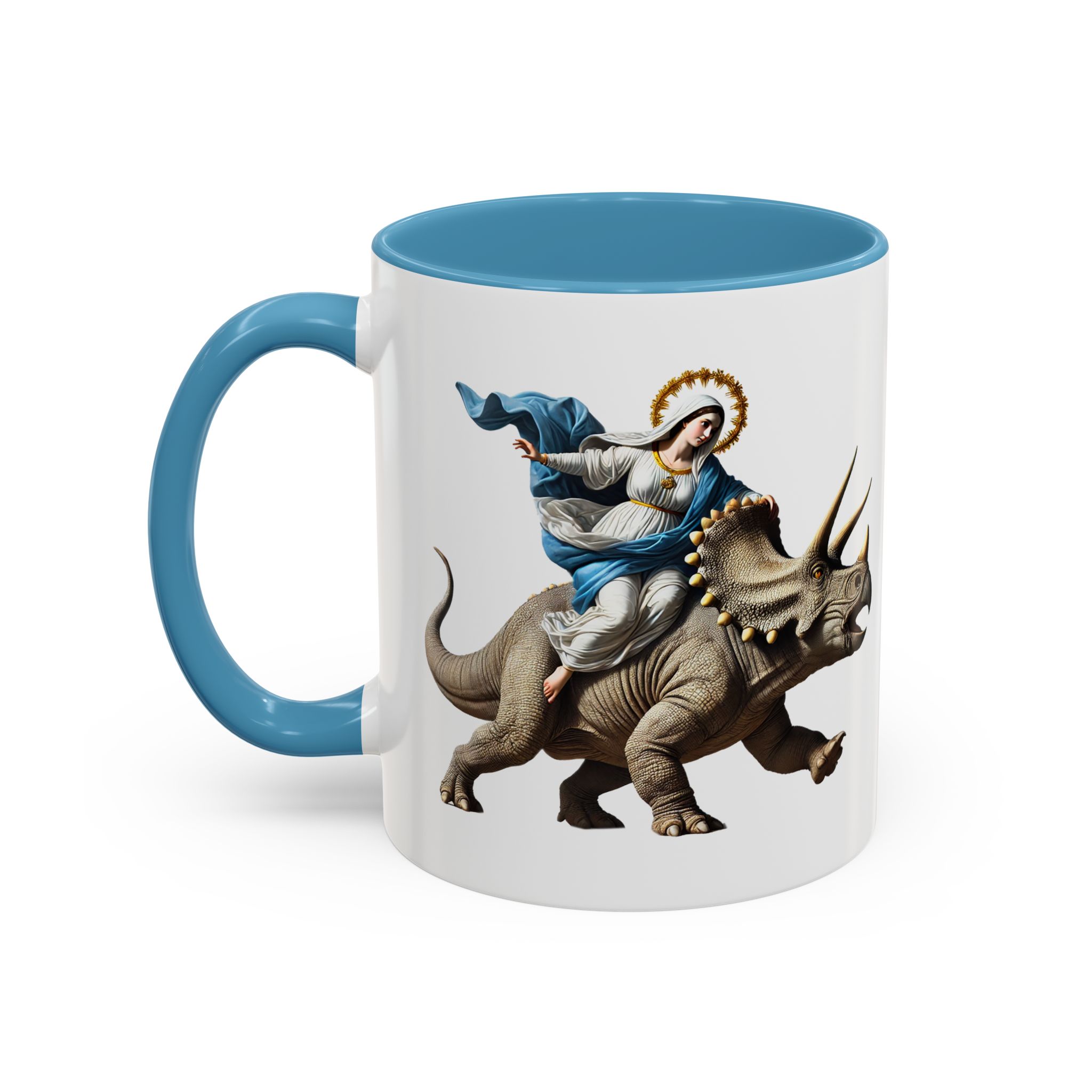 Sarcastic Coffee mug jurassic Virgin mary riding triceratops funny office mug boho gift tea cup cute accessory – Image 2