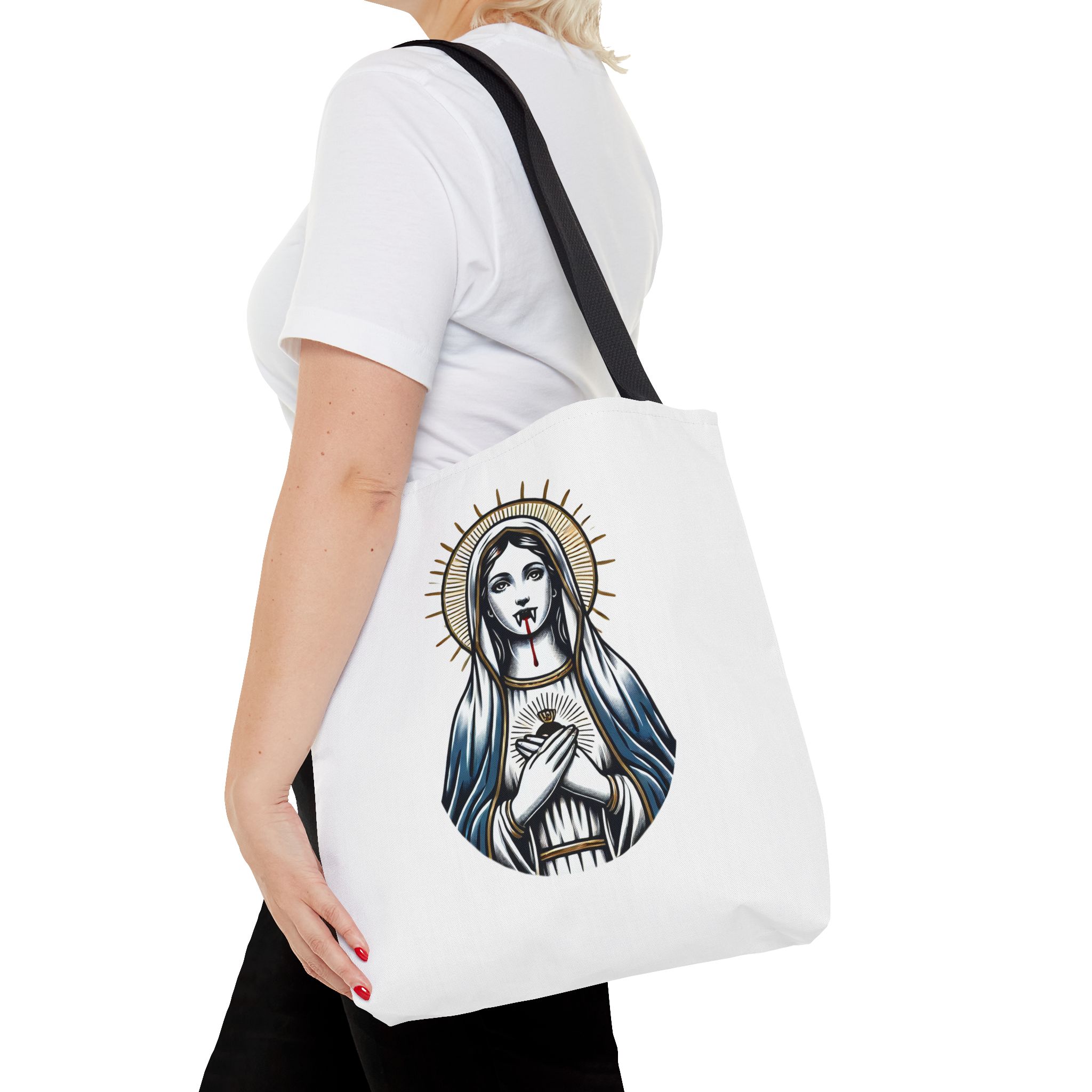 Ironic tote bag vampire Funny Bag virgin mary Canvas Tote bag religious sarcastic clothing gift satirical print cool Handbag purse bag – Image 4