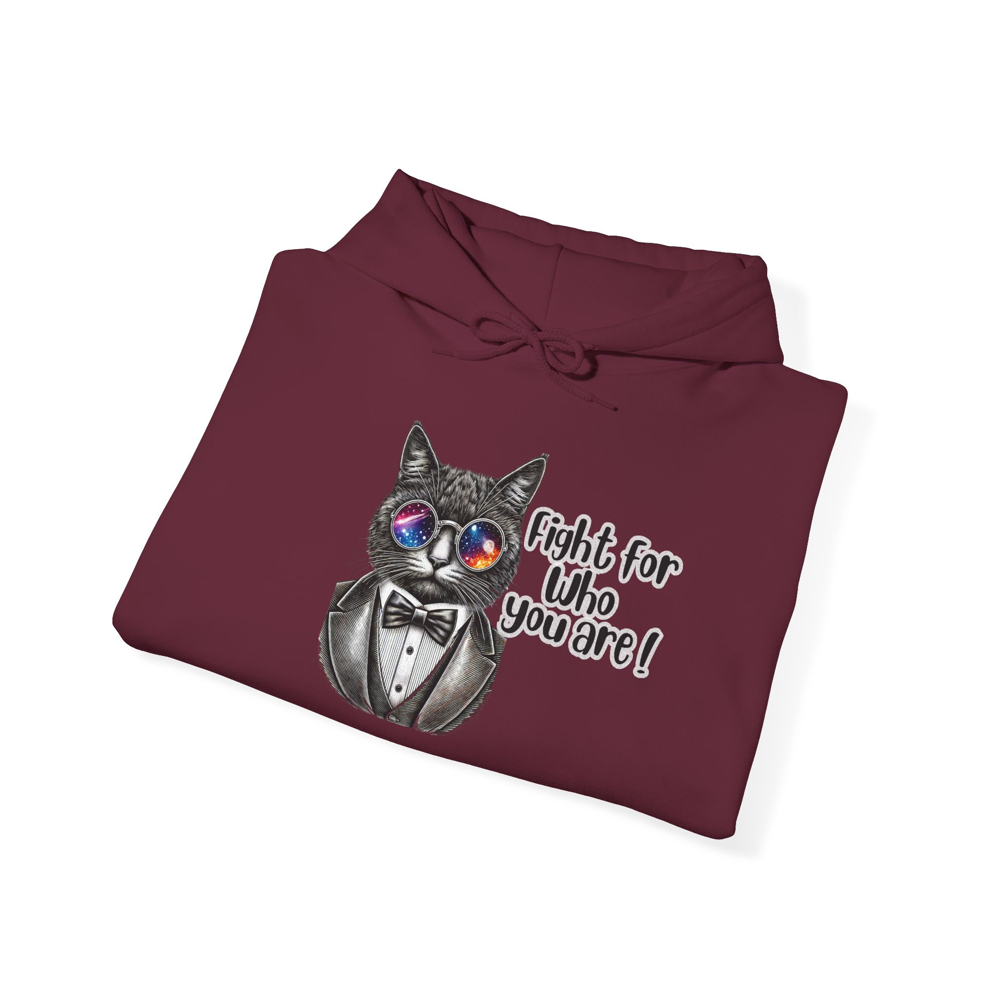 Maroon hoodie featuring a cat in sunglasses and tuxedo with the text 'Fight for who you are!'