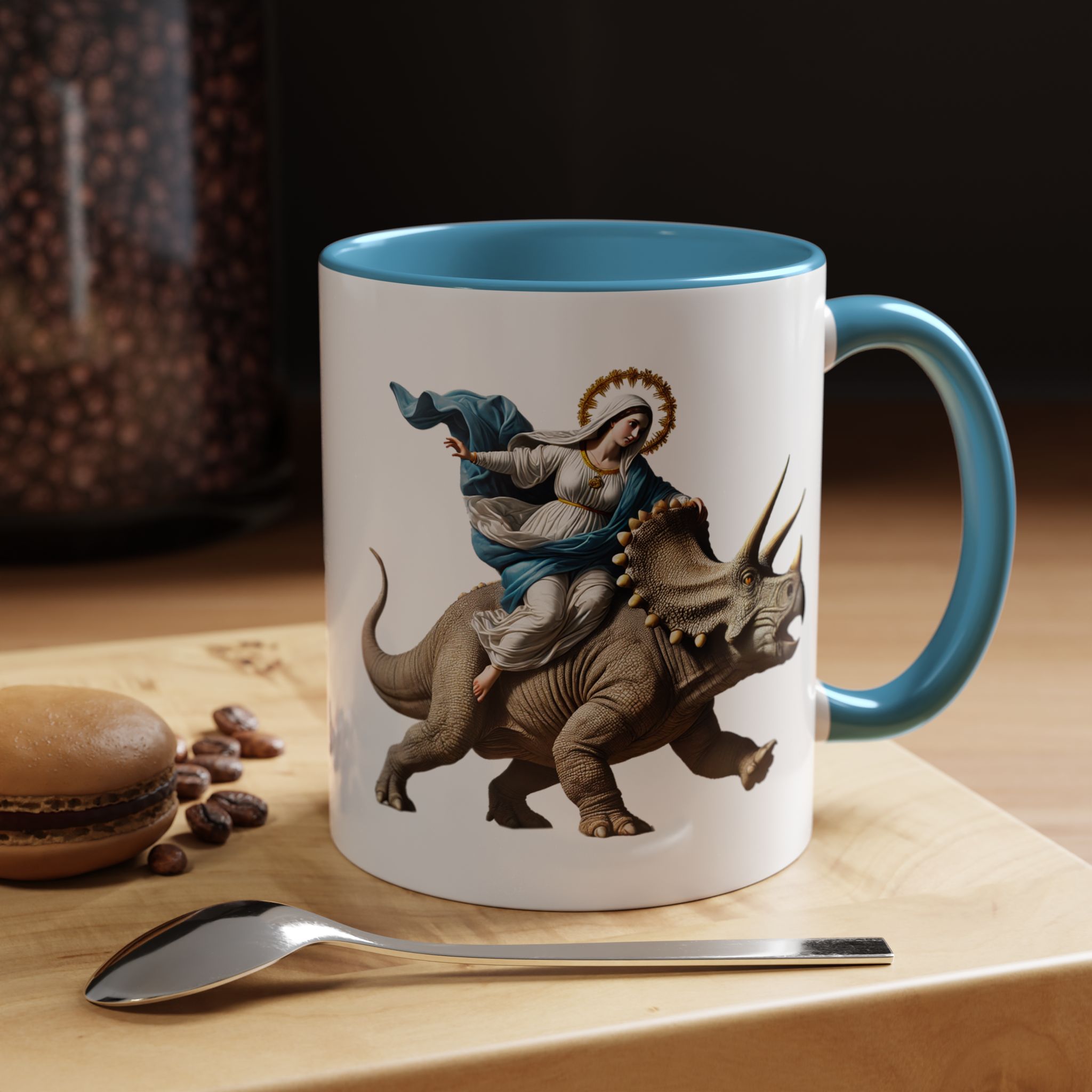Sarcastic Coffee mug jurassic Virgin mary riding triceratops funny office mug boho gift tea cup cute accessory – Image 3