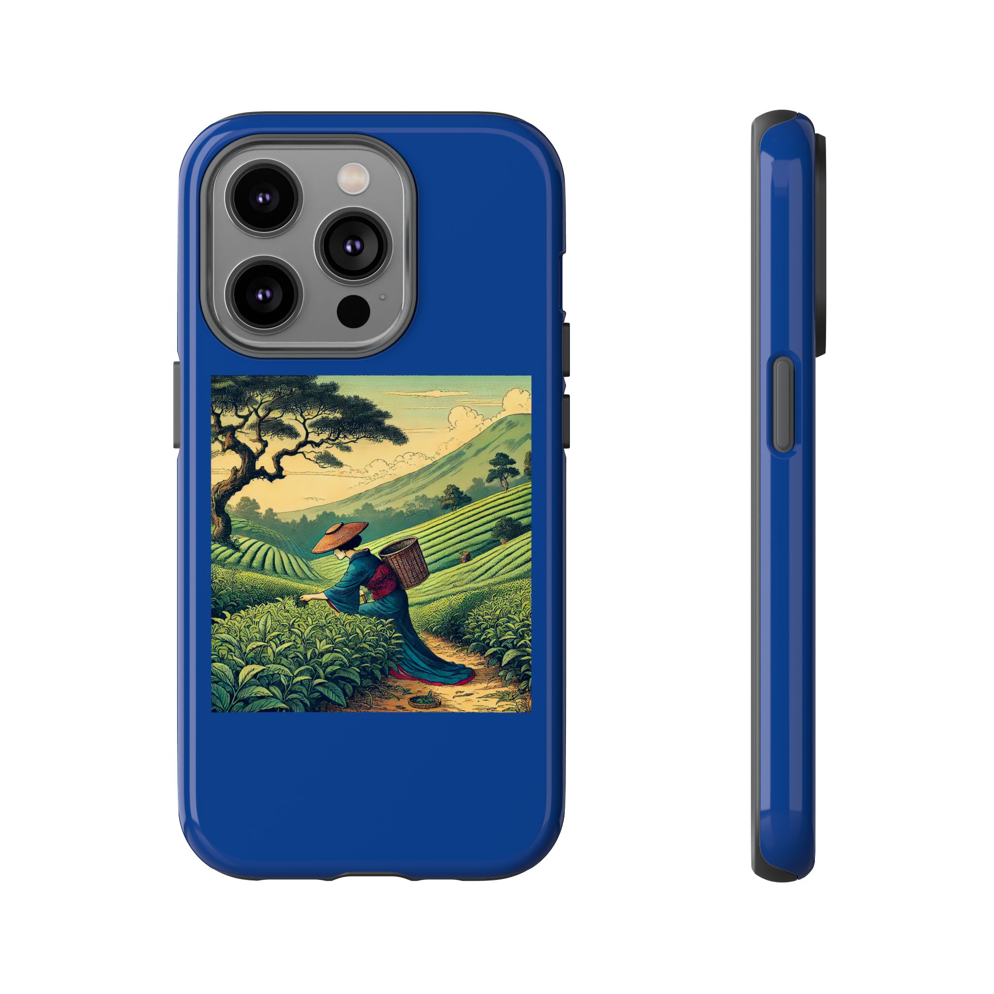 Blue phone case featuring a vintage illustration of a farmer in a landscape with mountains and trees.