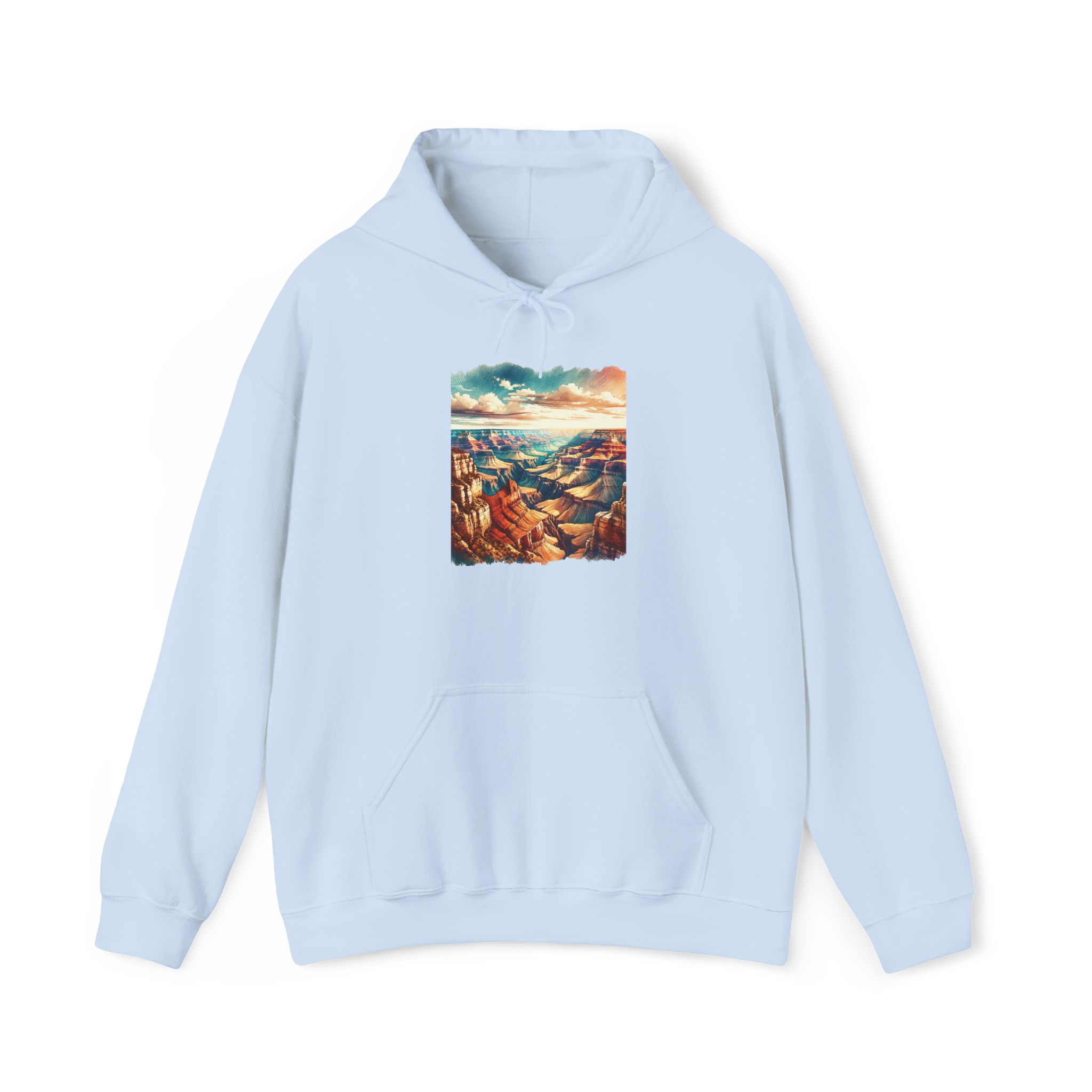 Light blue hoodie featuring a graphic of the Grand Canyon landscape on the front.