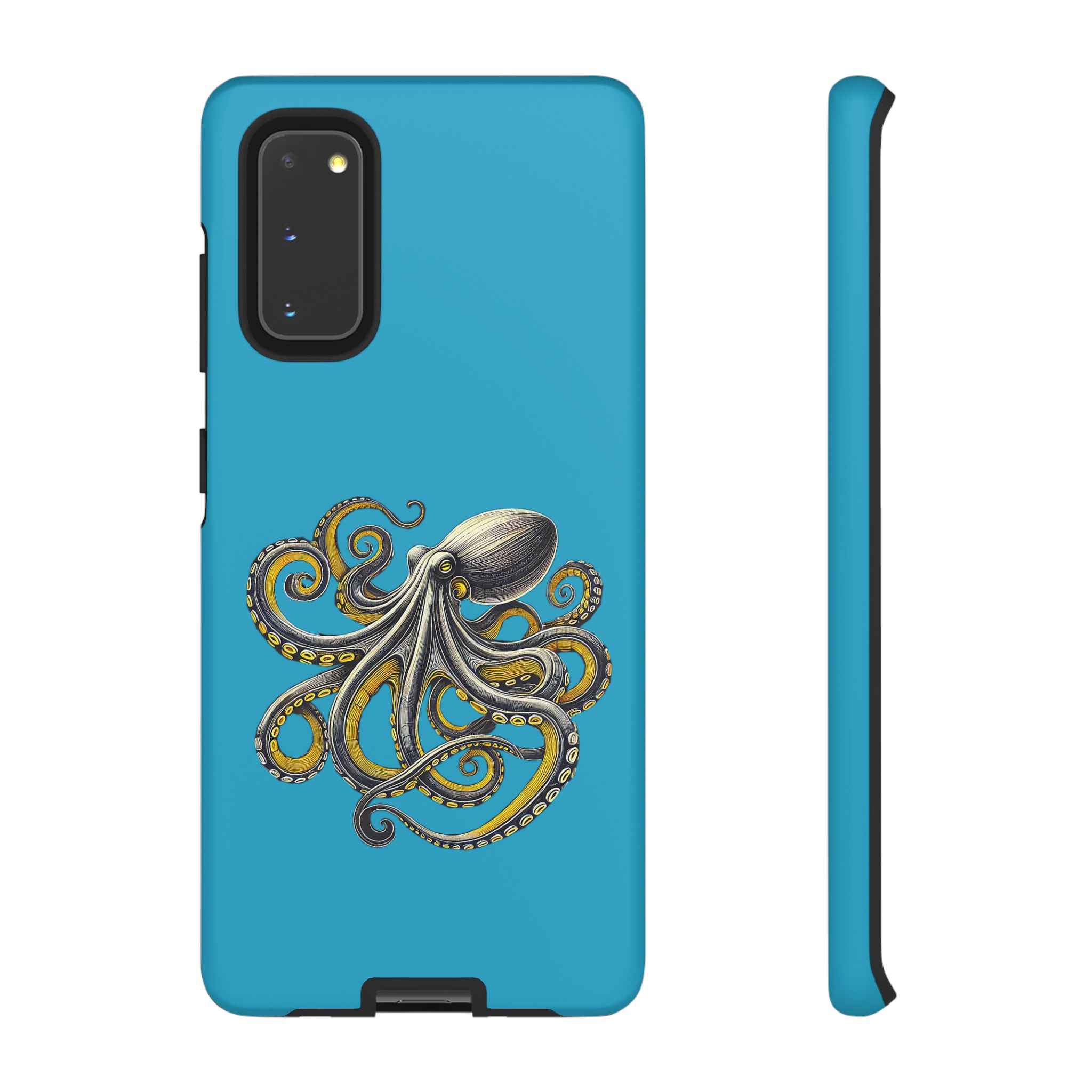 Phone case featuring an illustrated octopus design on a blue background.