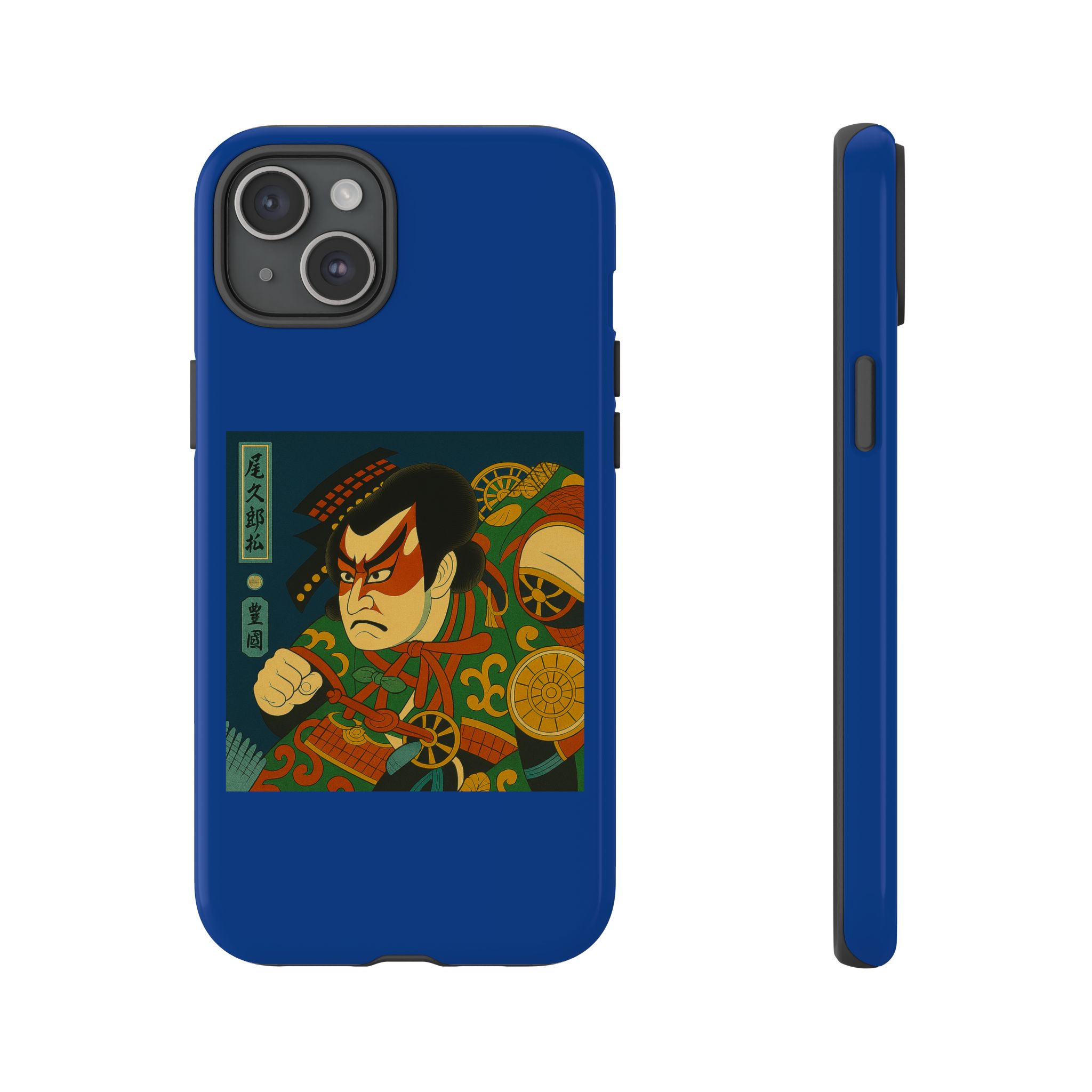 Blue phone case featuring traditional Japanese artwork of a samurai in vibrant colors.