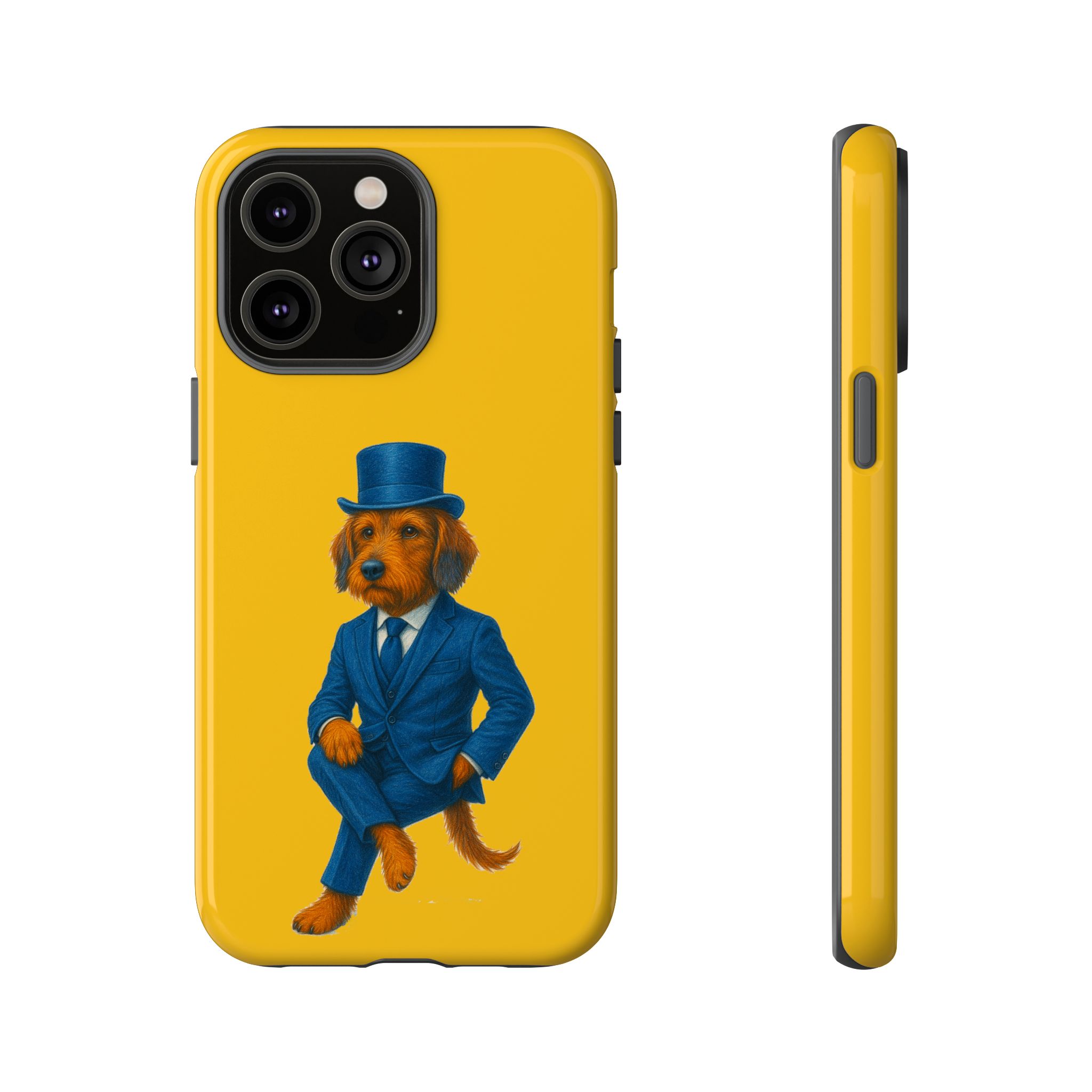 Phone case featuring a dog wearing a blue suit and a top hat against a yellow background.