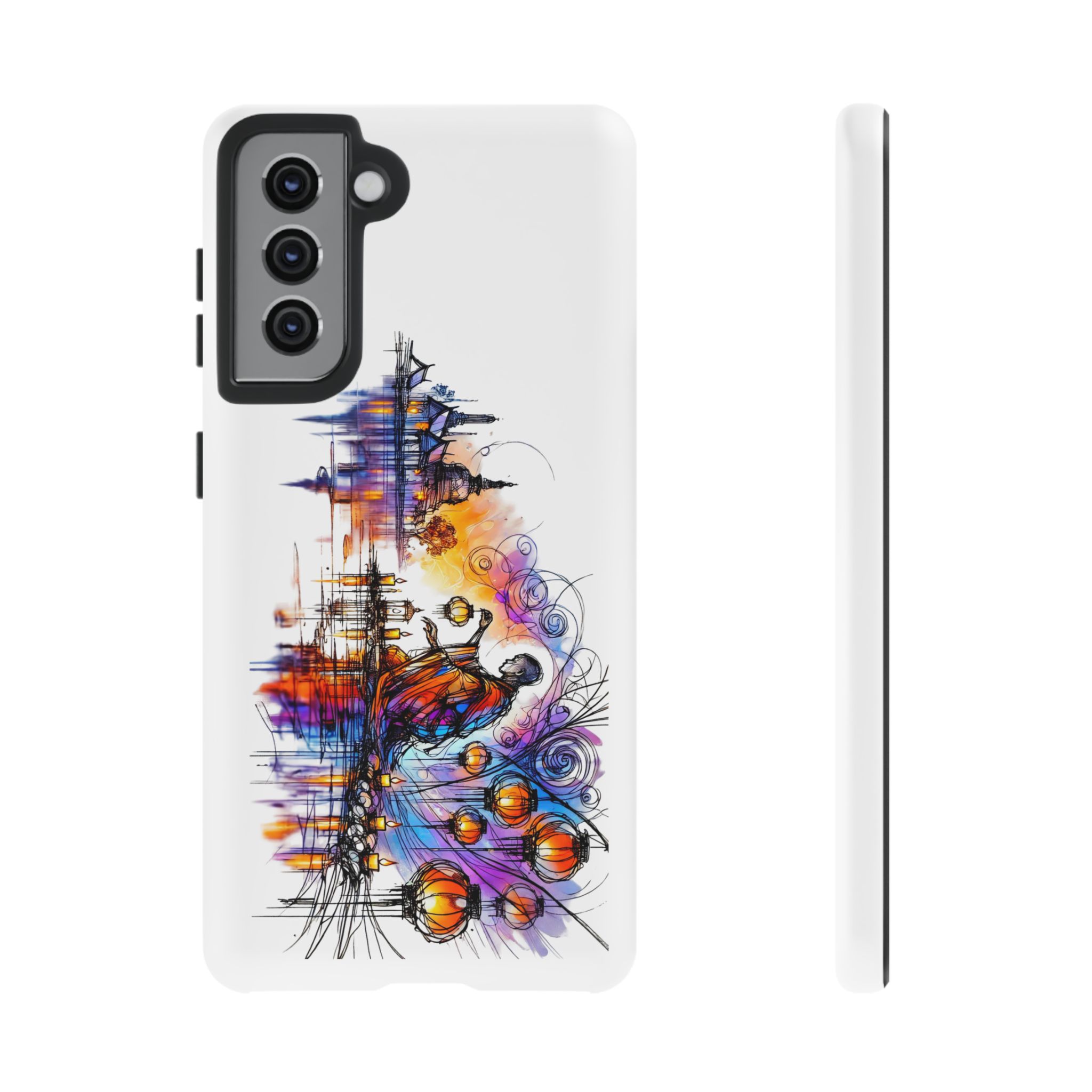 Artistic phone case design featuring colorful abstract elements and a figure by a body of water.