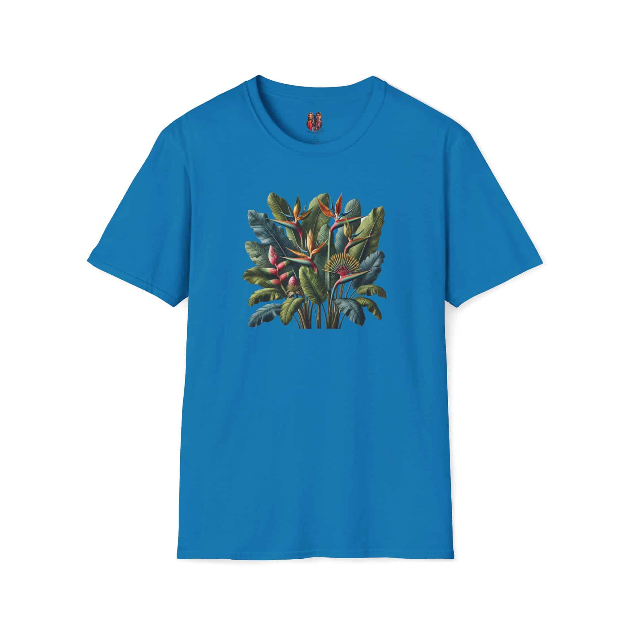 Blue t-shirt featuring a vibrant tropical plant graphic on the front.