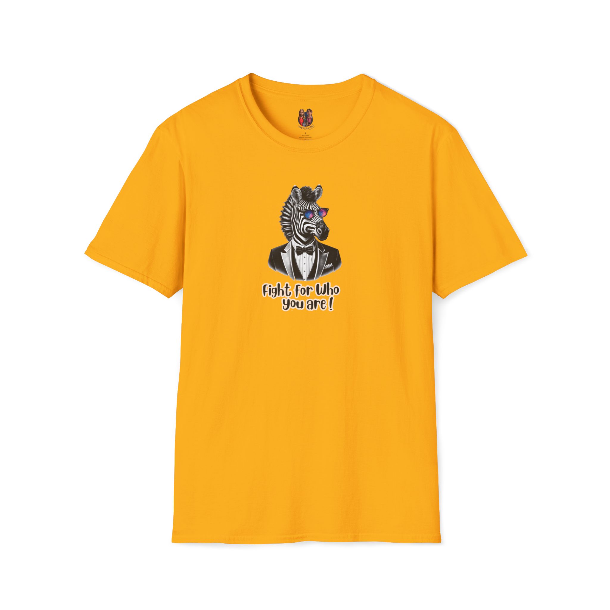 Yellow t-shirt featuring a zebra wearing a suit and the text 'Fight for Who you are!'