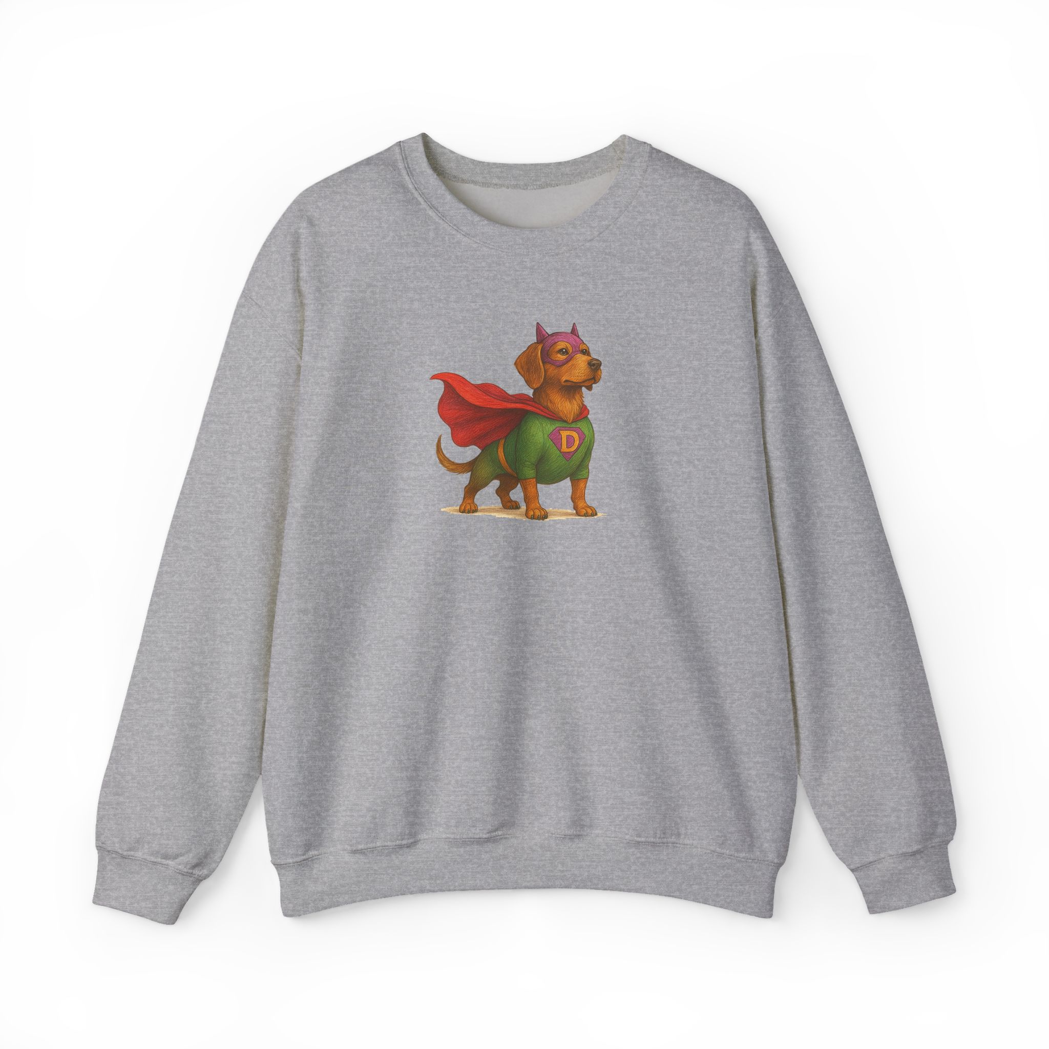Sweatshirt featuring a cartoon dog in a superhero costume with a cape and mask.