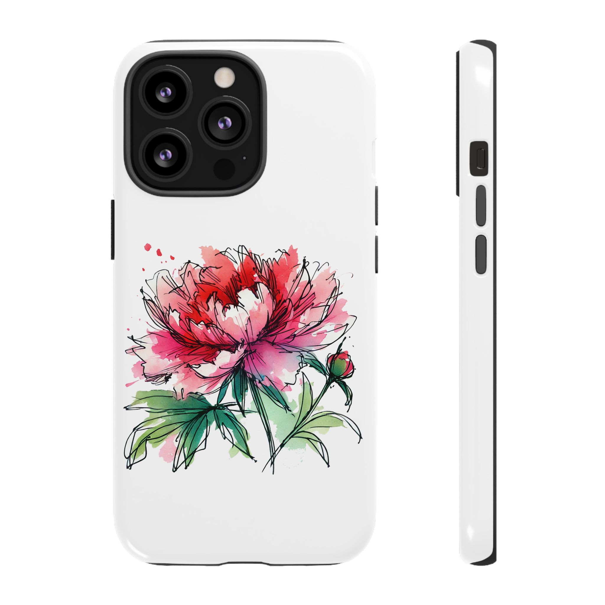 Phone case featuring a watercolor illustration of a pink peony flower on a white background.