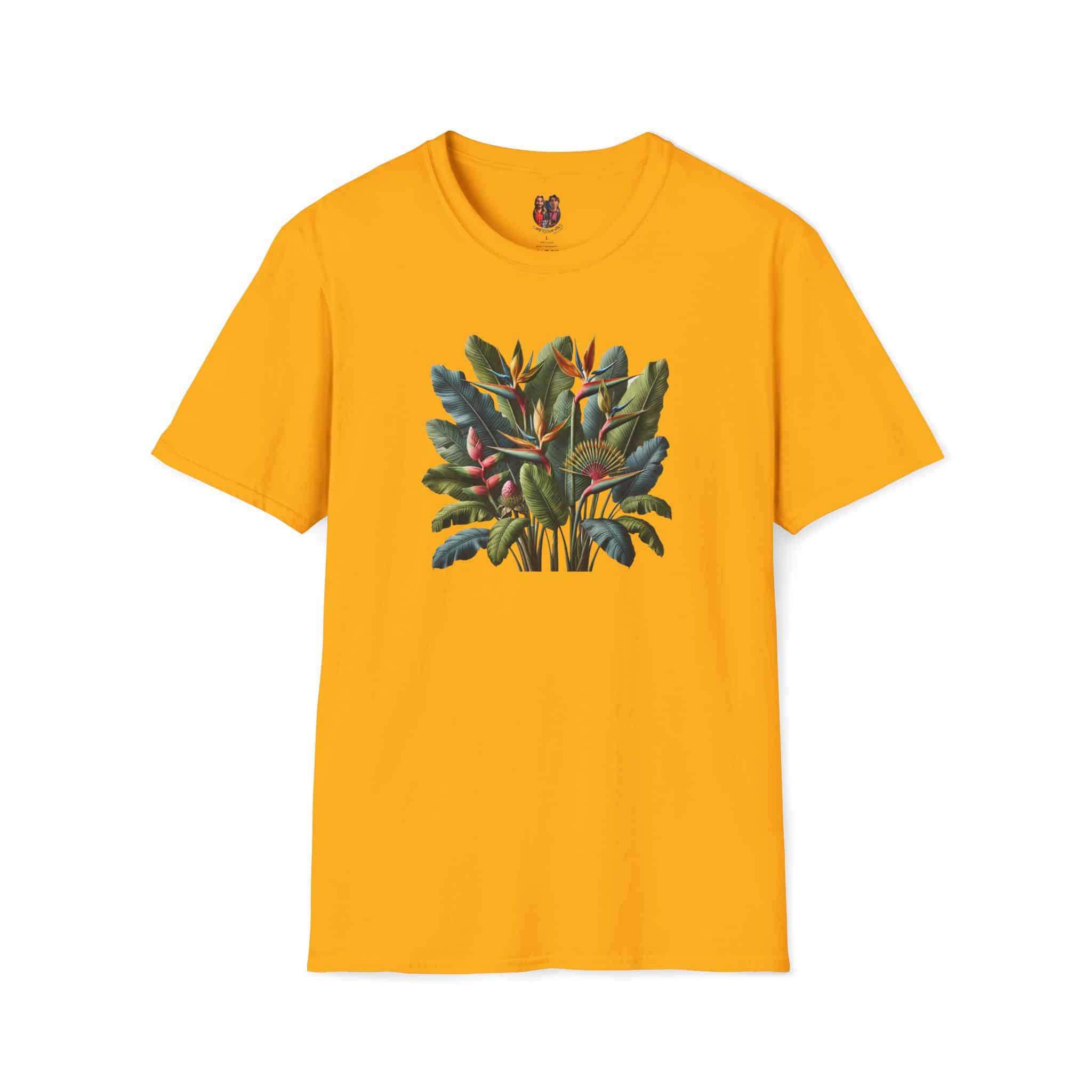 Yellow t-shirt featuring a graphic of tropical plants in vibrant colors.