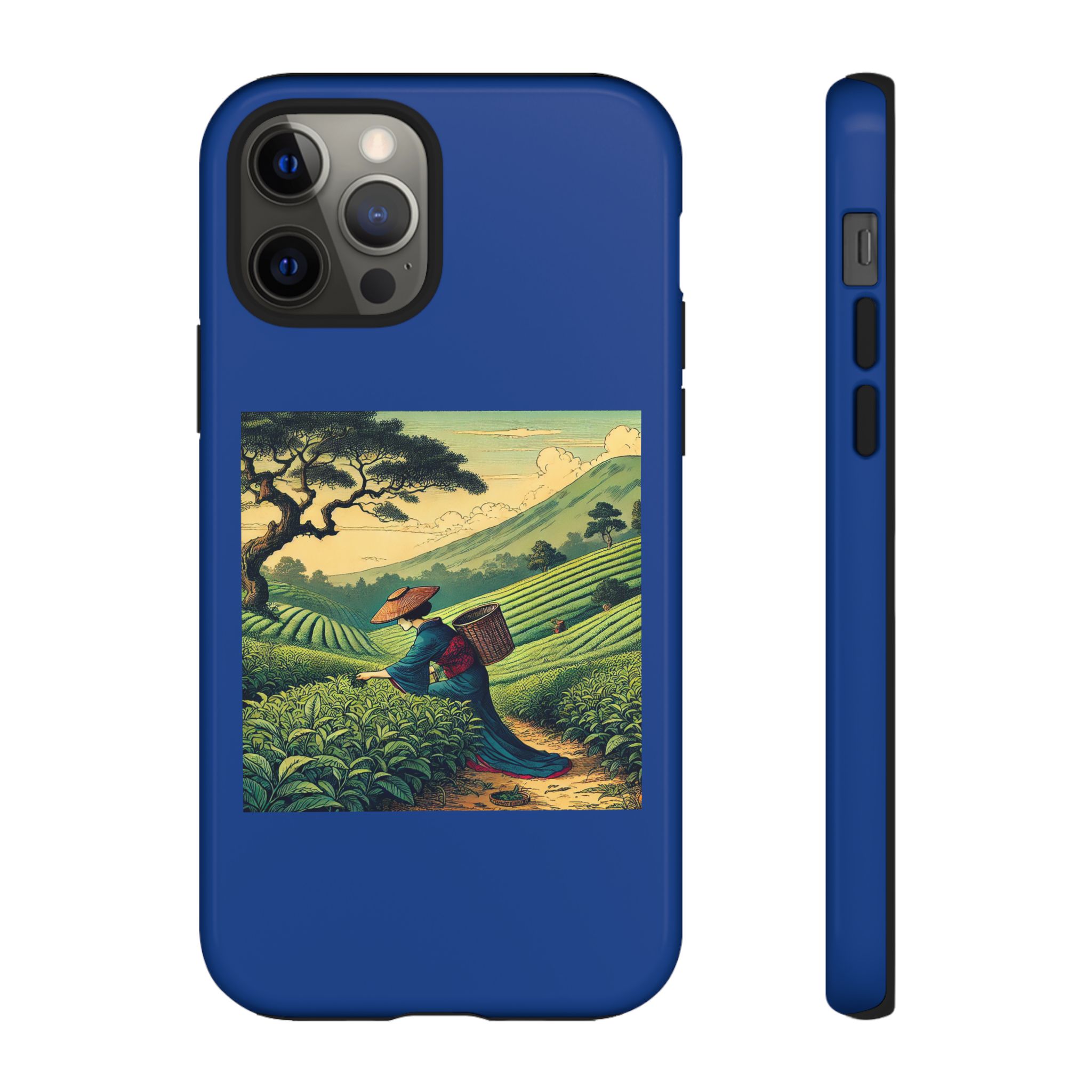 Blue phone case featuring a vintage illustration of a tea picker in a lush landscape.