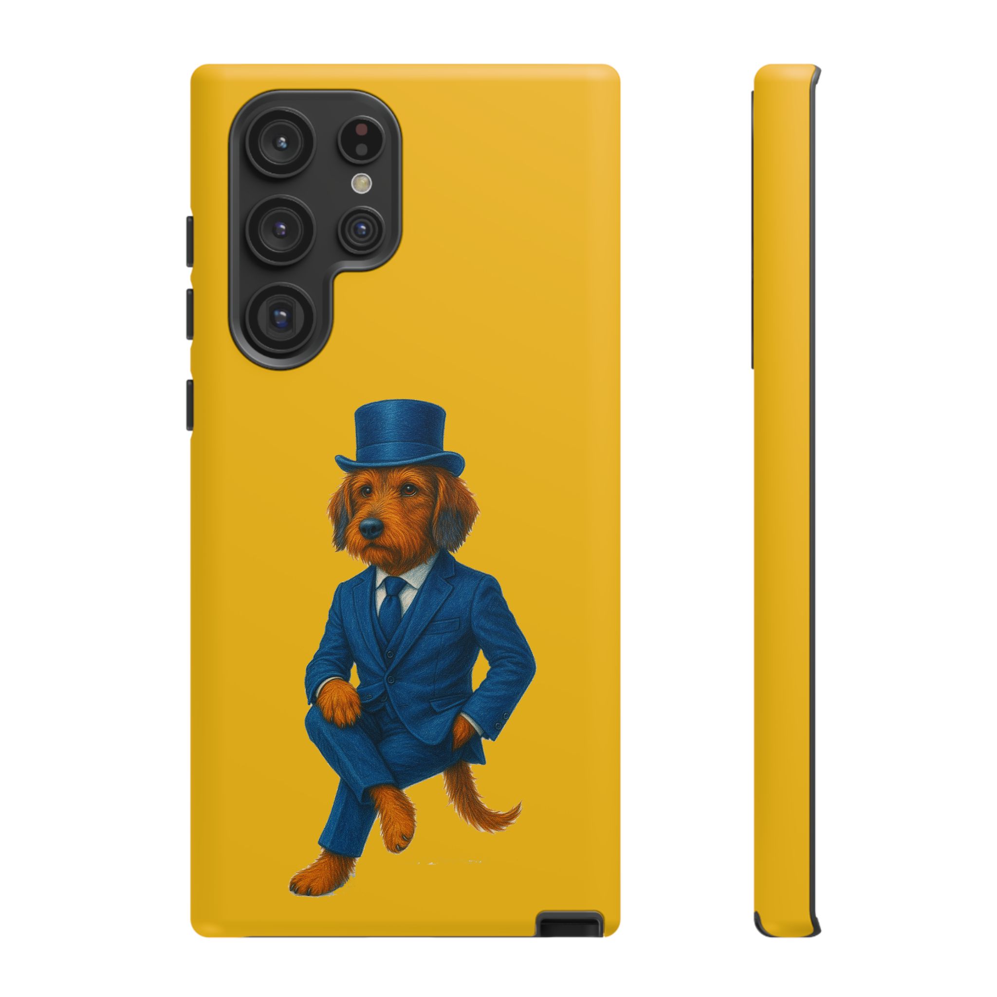 A dog wearing a blue suit and a top hat against a yellow background.