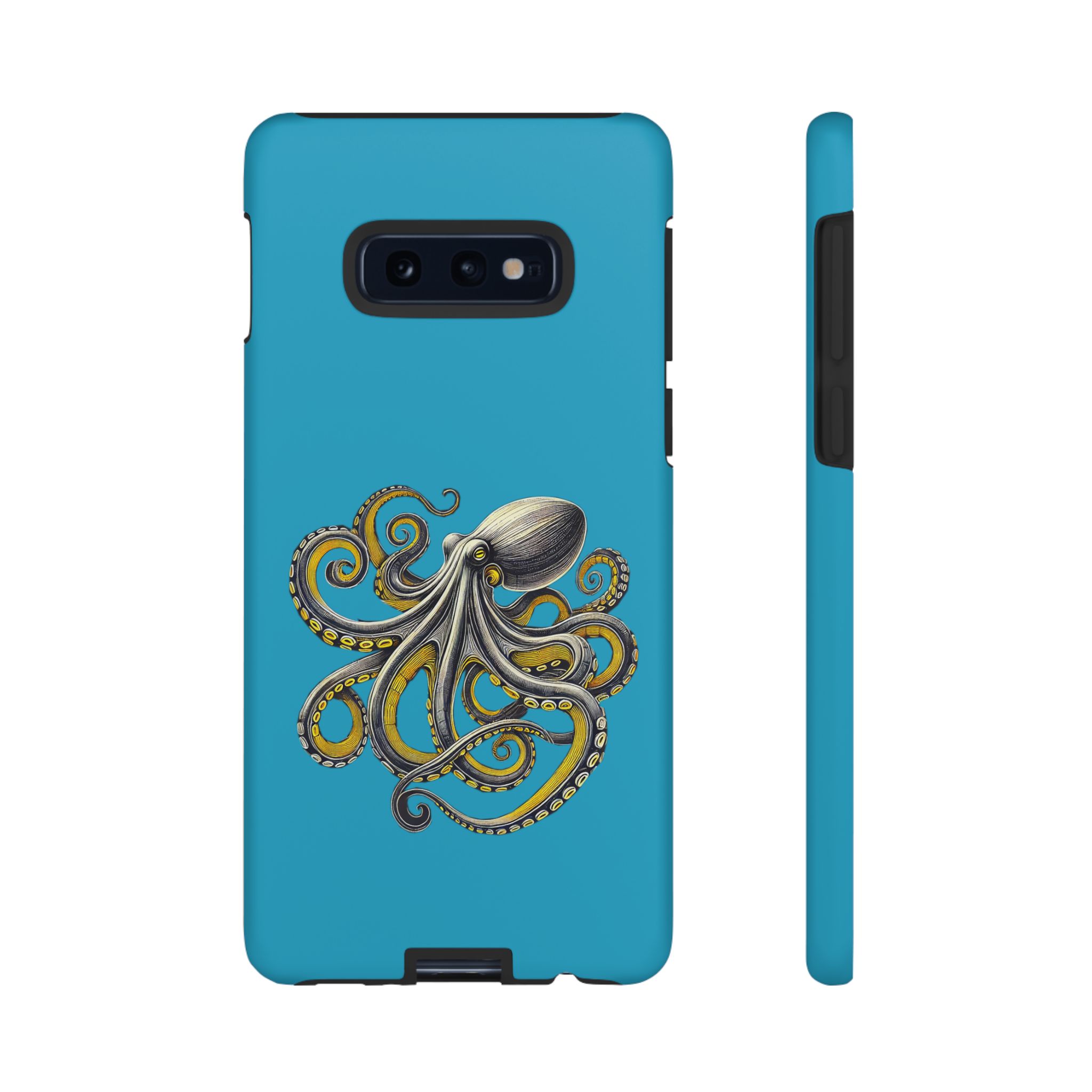 Blue phone case with an illustration of an octopus featuring detailed tentacles and a gray body.
