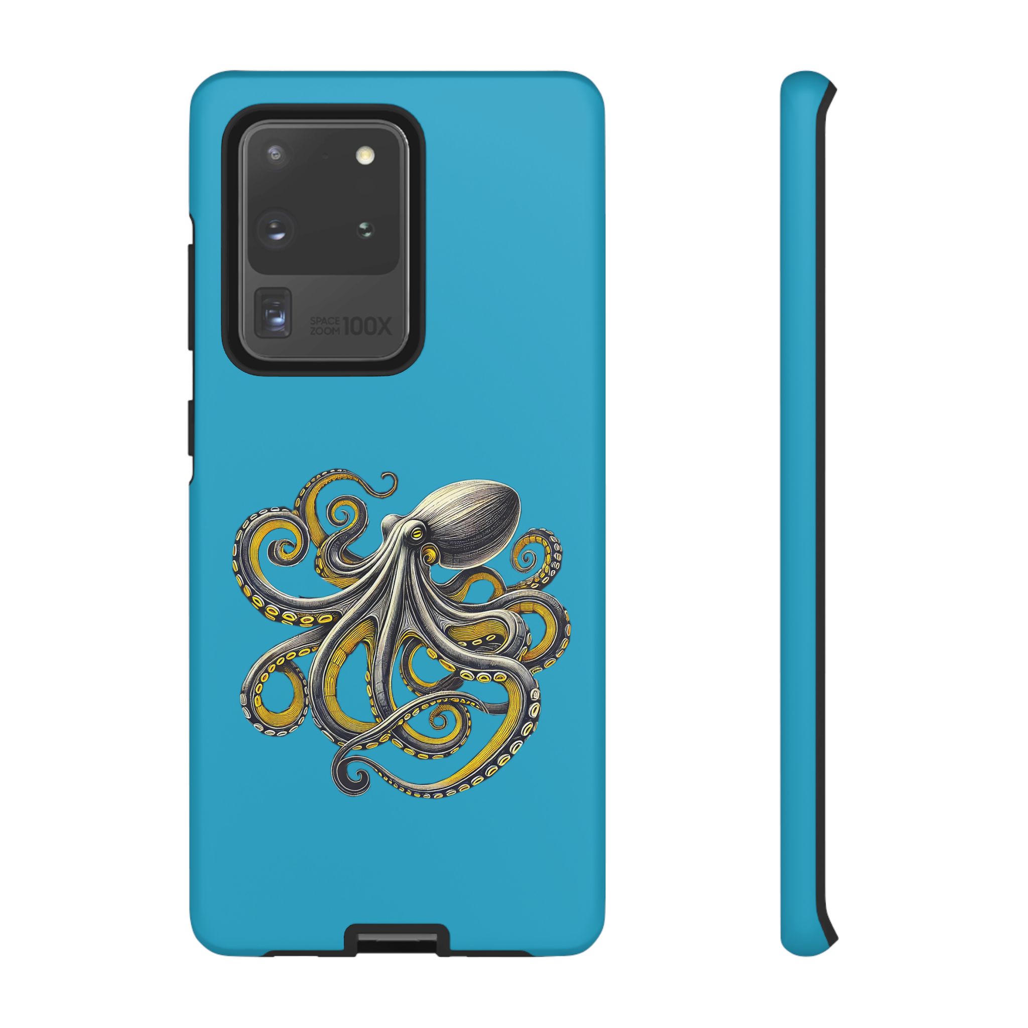 Phone case featuring a detailed illustration of an octopus on a blue background.