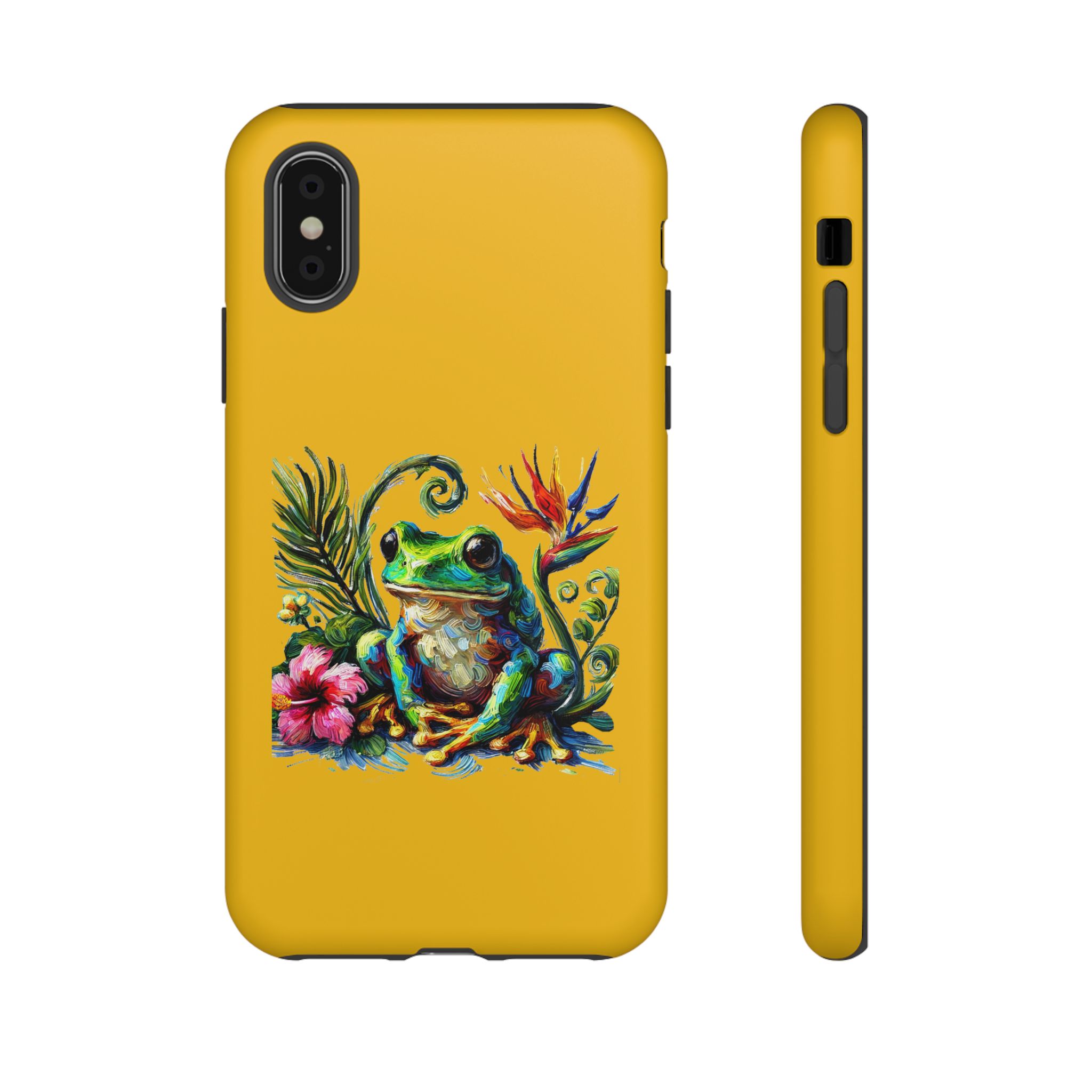 Yellow phone case featuring a colorful frog design surrounded by flowers and foliage.