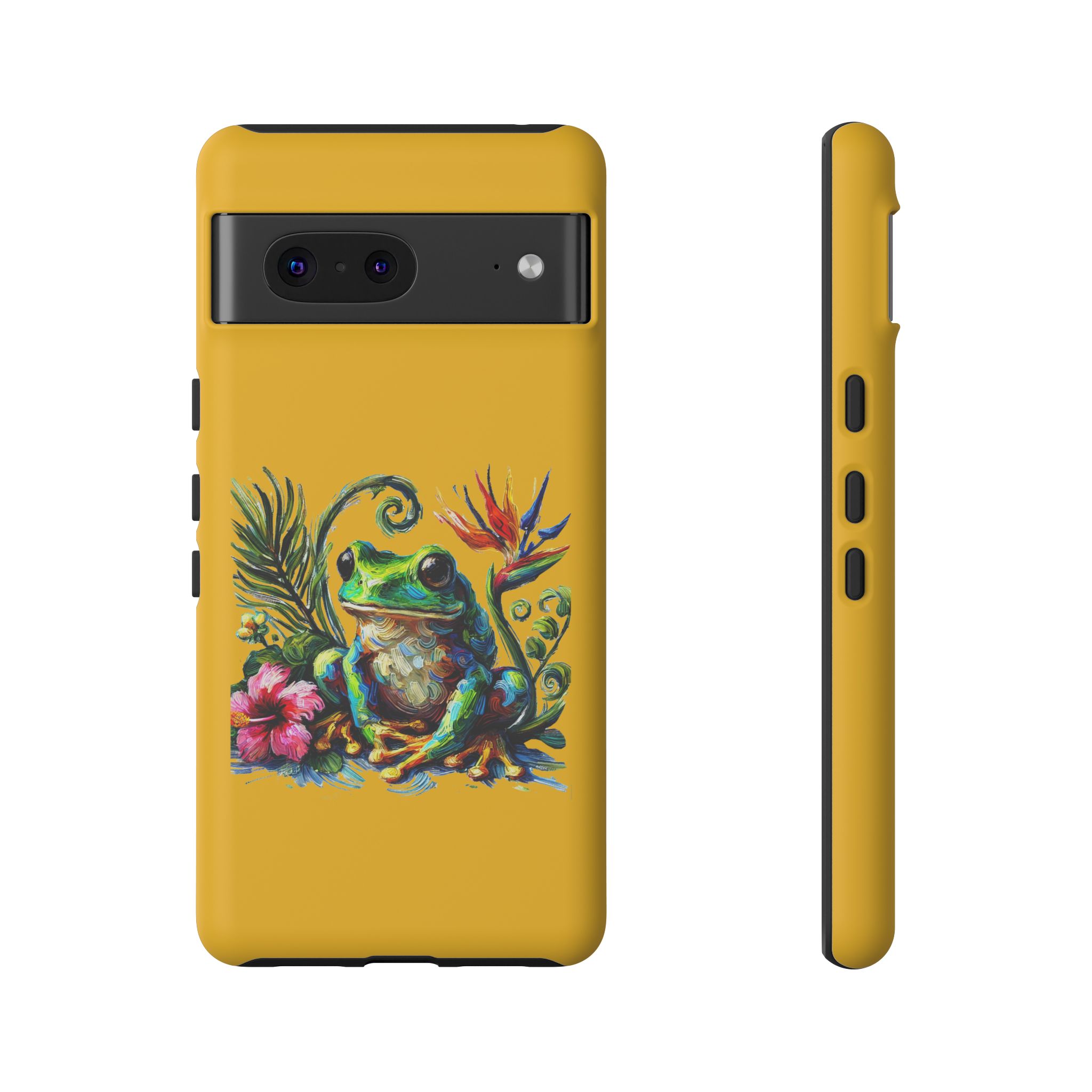Yellow phone case featuring a colorful frog and tropical flowers design.