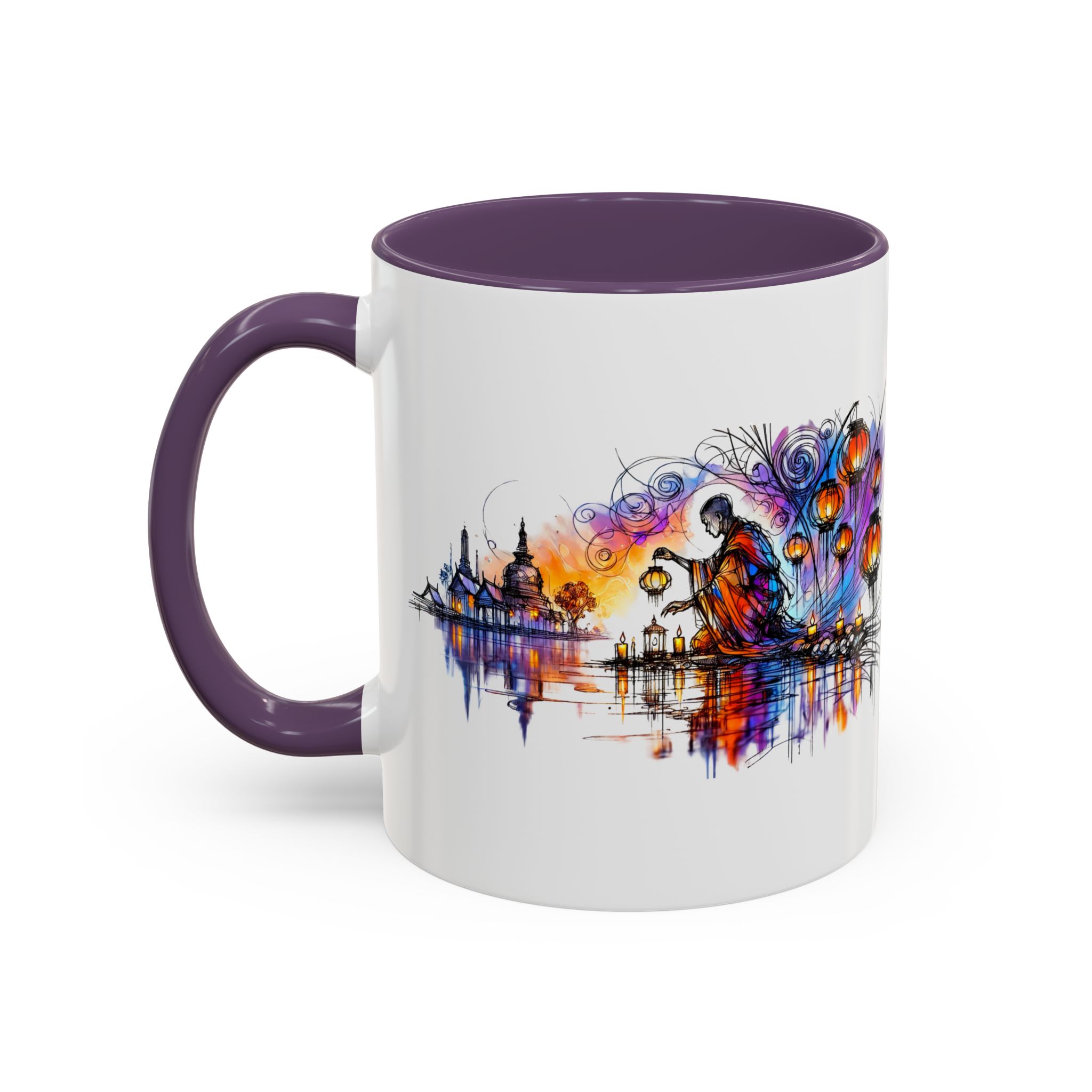 Artistic mug featuring a colorful abstract design with a figure and vibrant patterns.